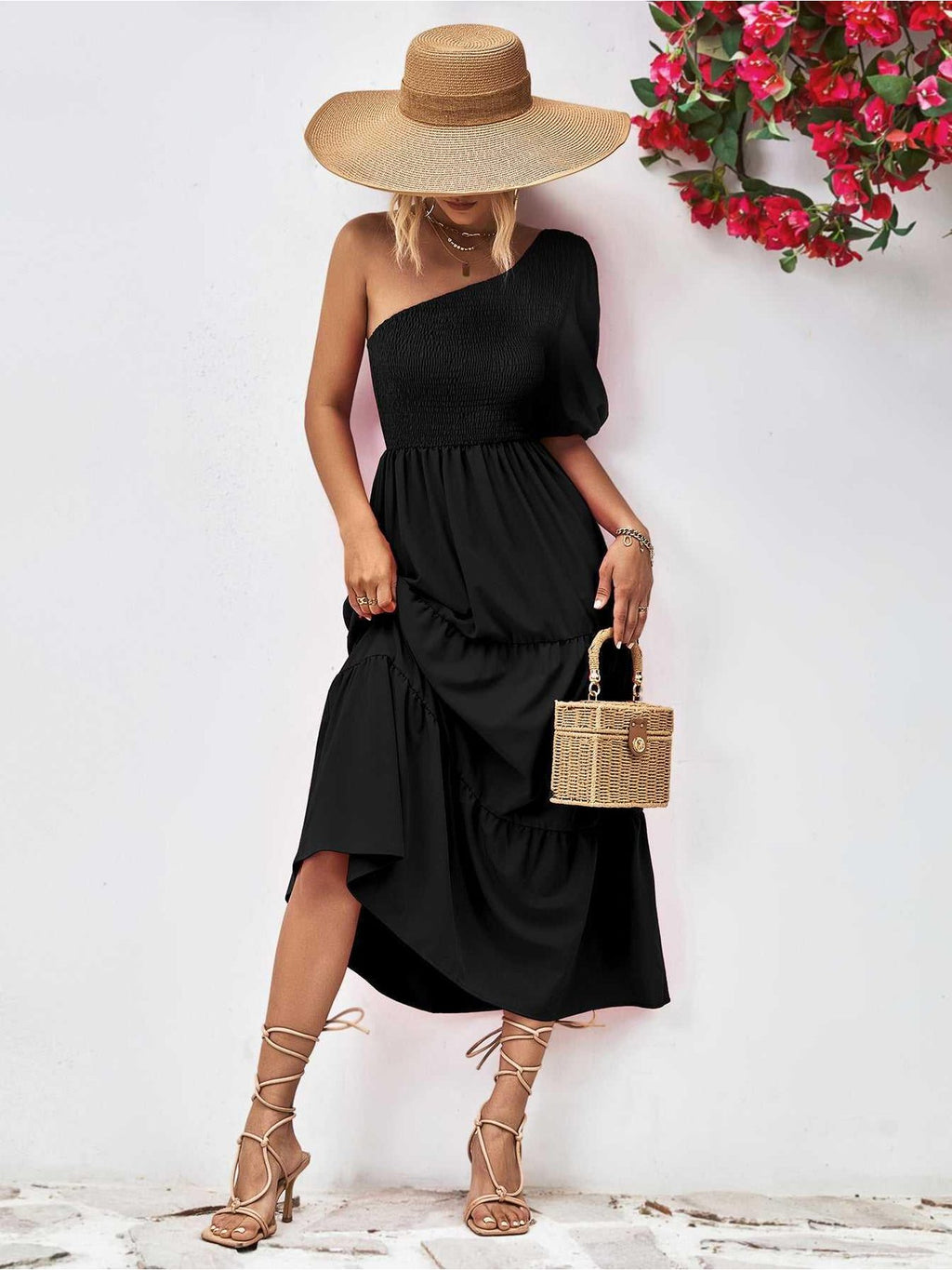 Smocked One-Shoulder Midi Dress -- 