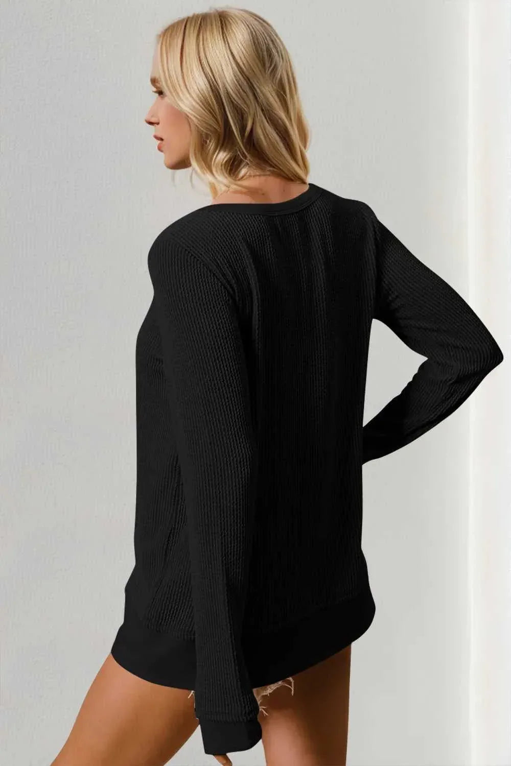 Double Take Corded Rib Thumbhole Cuff Round Neck T-Shirt -- 