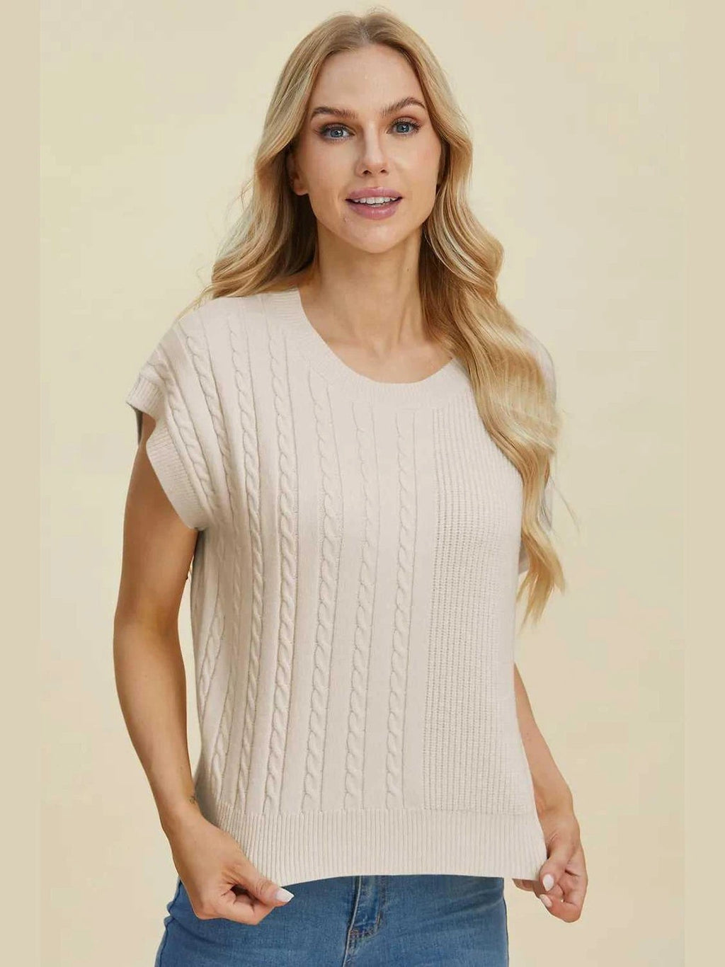 Double Take Full Size Cable-Knit Round Neck Short Sleeve Sweater -- 