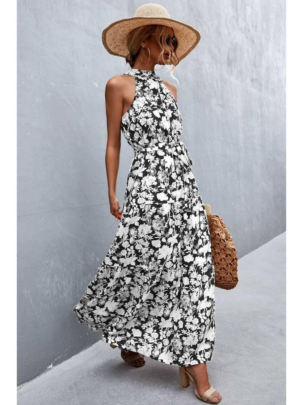 Printed Sleeveless Tie Waist Maxi Dress -- 