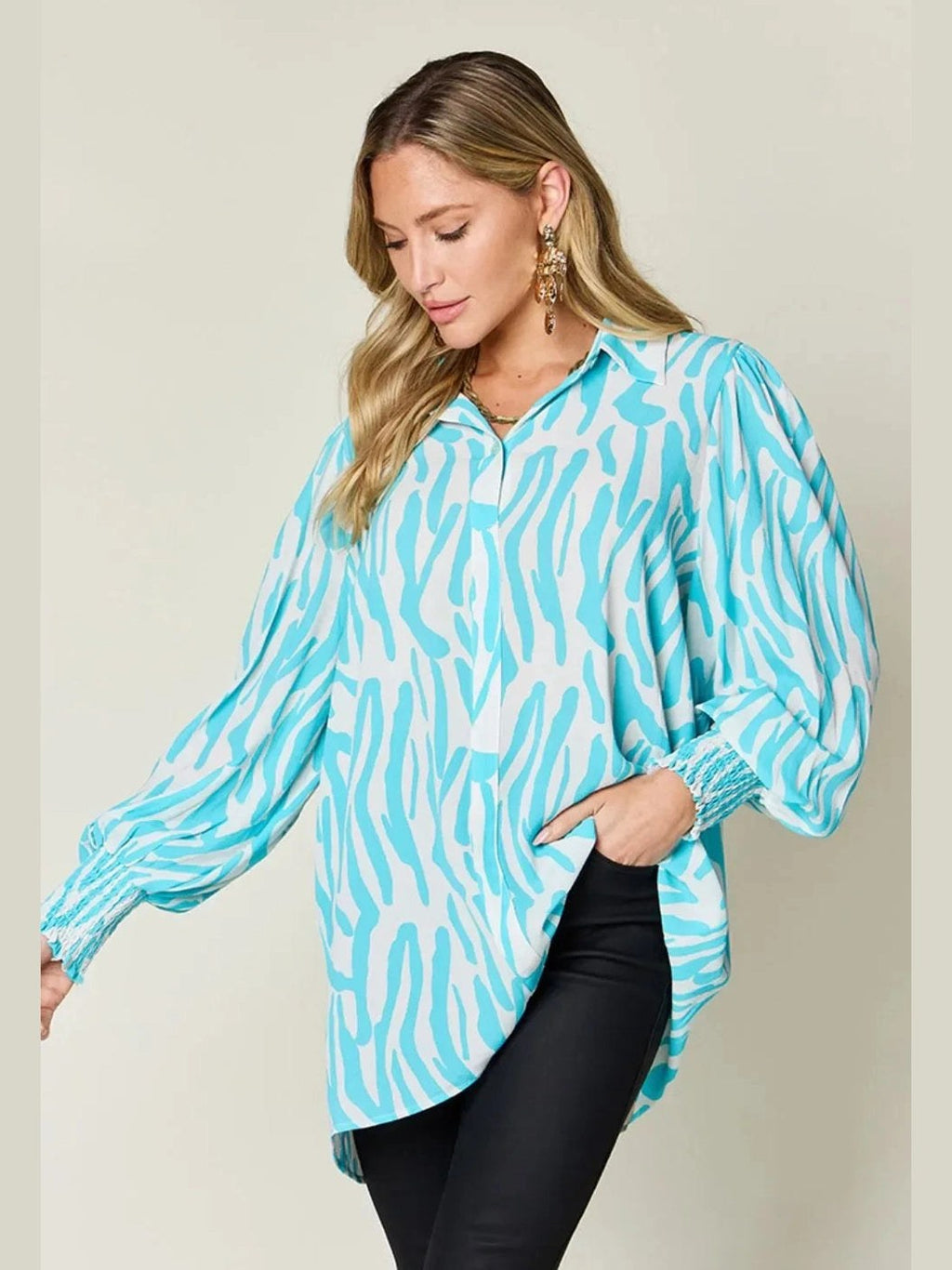 Double Take Full Size Printed Smocked Long Sleeve Blouse Plus Size -- 