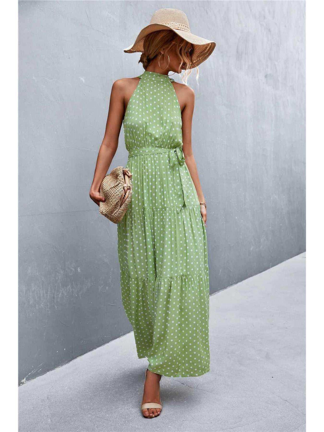 Printed Sleeveless Tie Waist Maxi Dress -- 