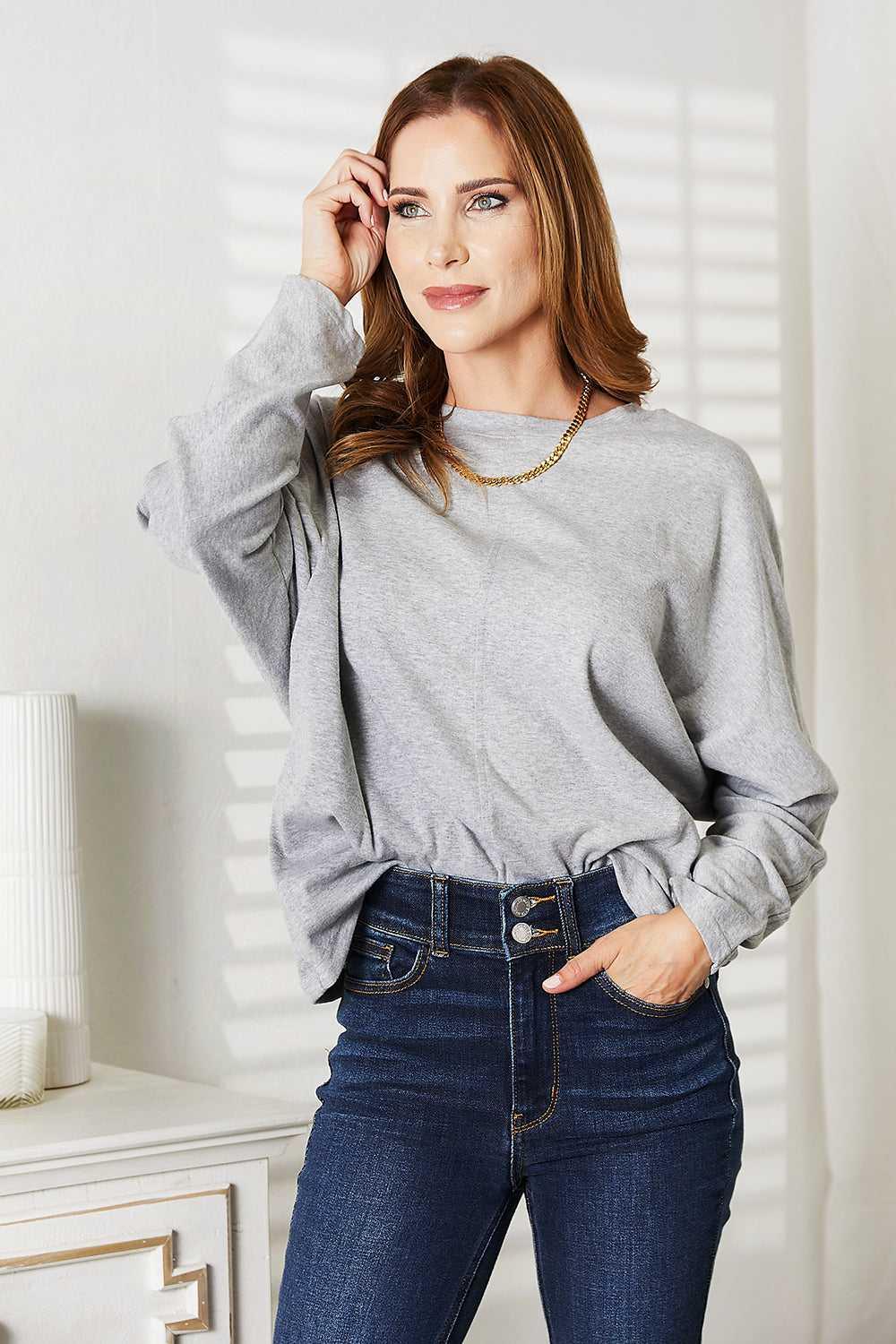 Double Take Seam Detail Round Neck Long Sleeve Top -- 