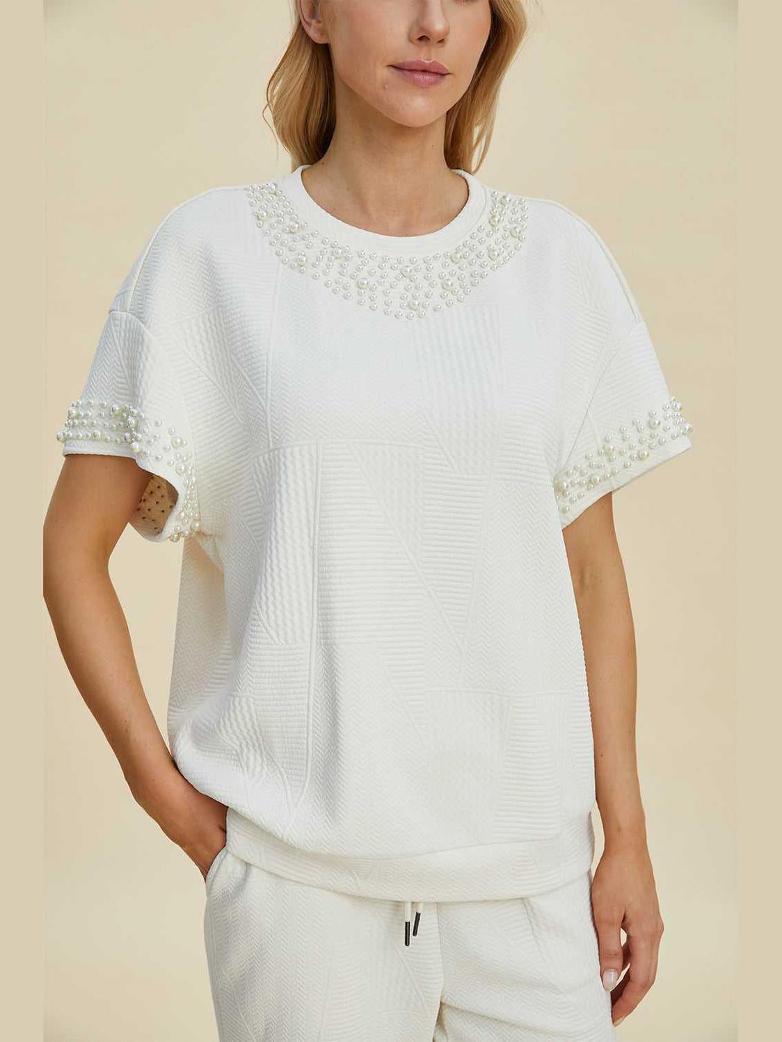 Double Take Full Size Pearl Detail Round Neck Top and Pants Set -- 