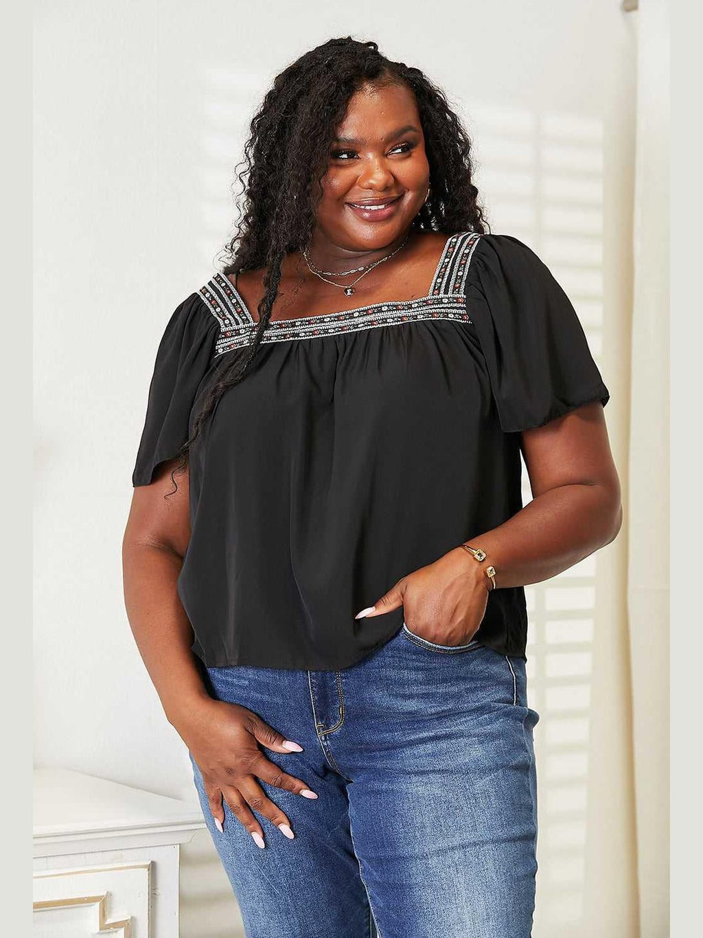 Honey Contrast Square Neck Puff Sleeve Blouse -- 