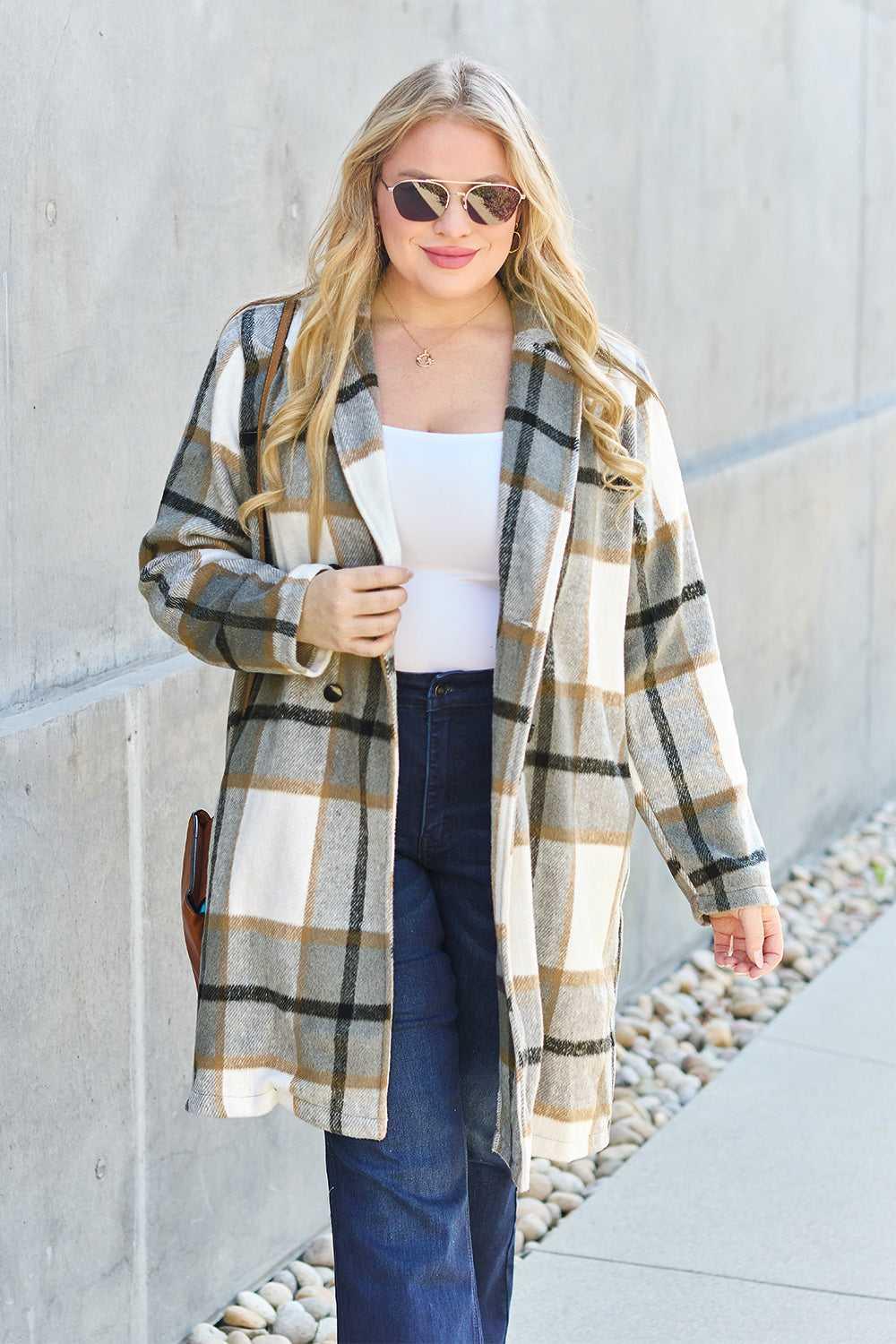 Double Take Full Size Plaid Button Up Lapel Collar Coat -- 
