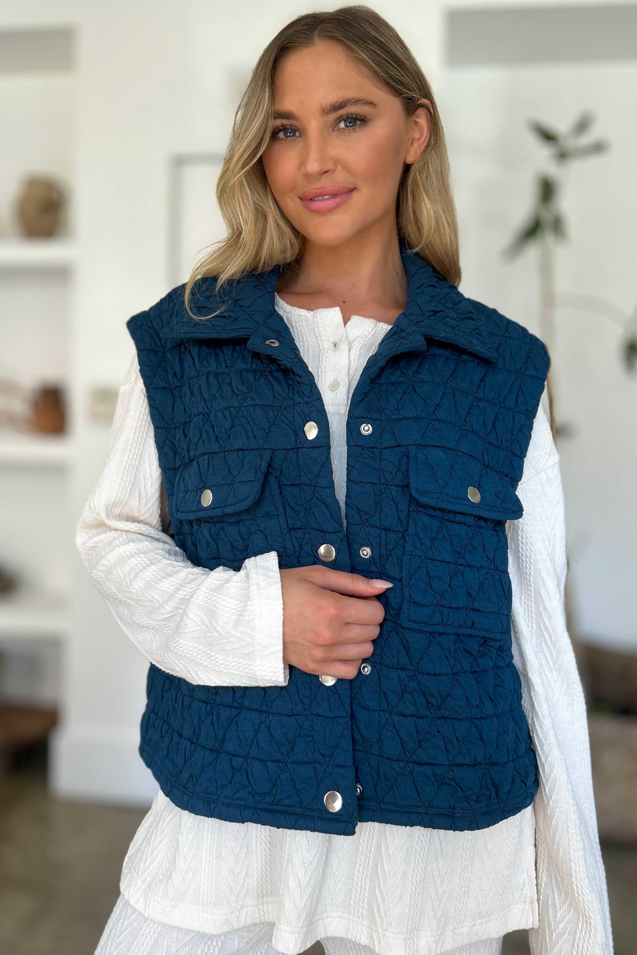 Double Take Full Size Pocketed Texture Snap Down Vest Coat -- 
