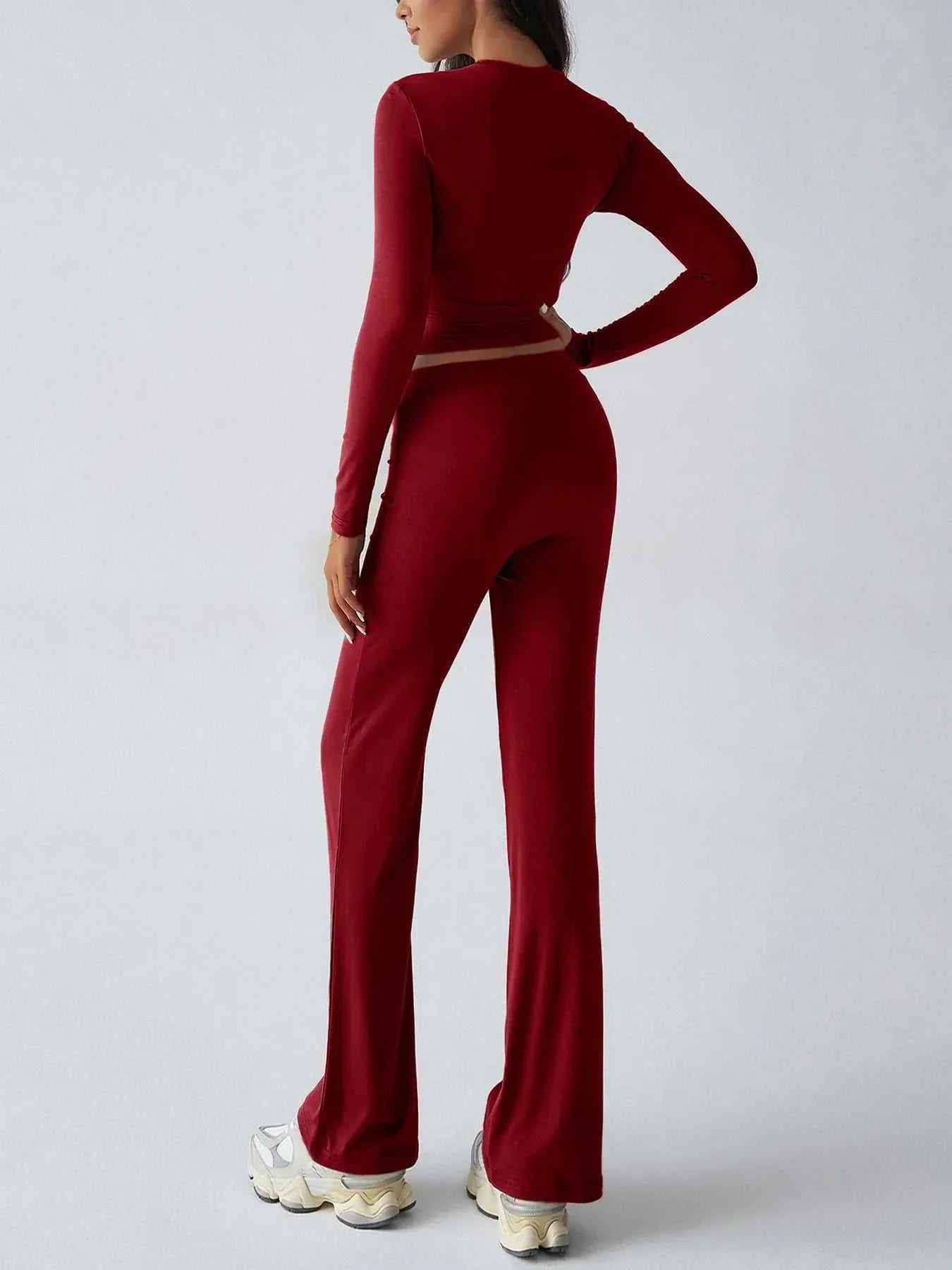 Round Neck Long Sleeve Top and Pants Set -- 