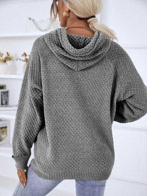 Texture Drawstring Long Sleeve Hooded Sweater -- 