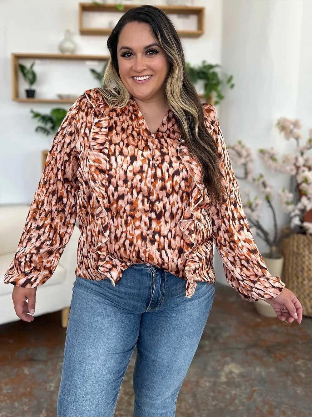 Double Take Full Size Printed Ruffle Trim Balloon Sleeve Shirt -- 