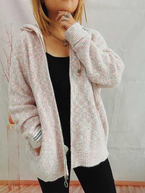 Zip Up Drawstring Long Sleeve Hooded Sweater -- 