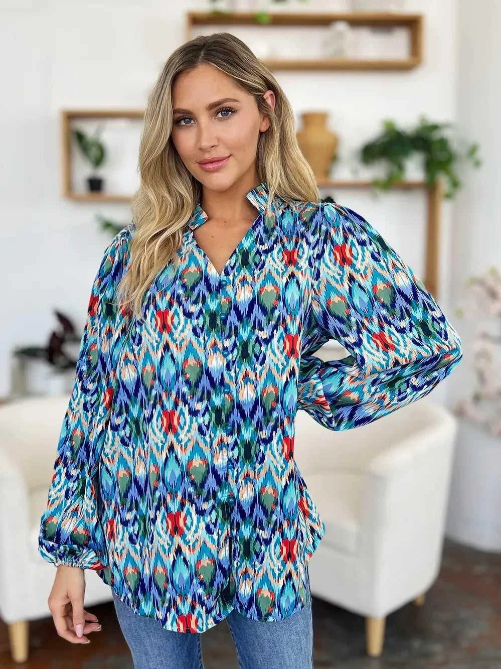 Double Take Full Size Printed Balloon Sleeve Blouse -- 