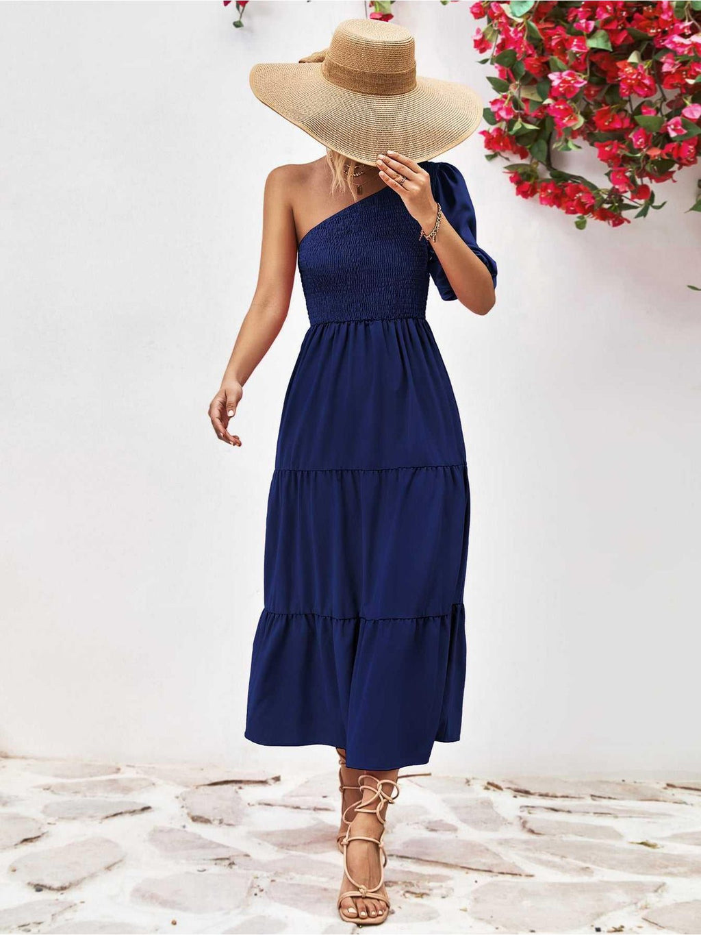 Smocked One-Shoulder Midi Dress -- 