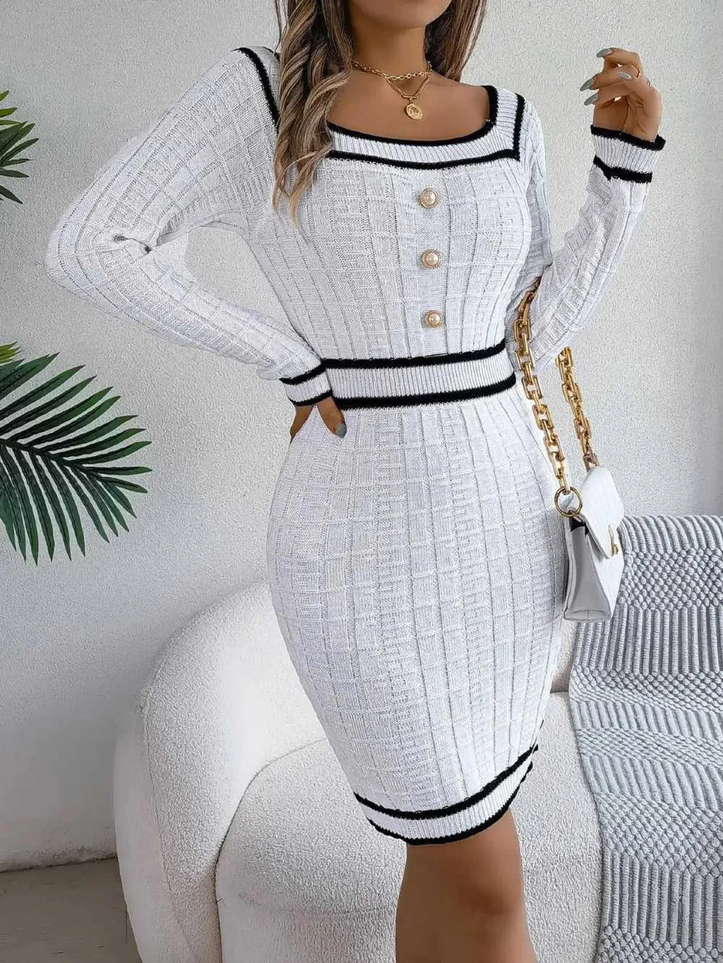 Contrast Trim Long Sleeve Sweater Dress -- 