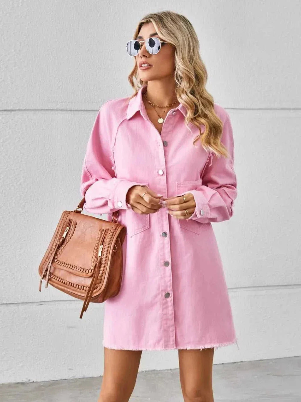 Raw Hem Button Up Denim Dress -- 