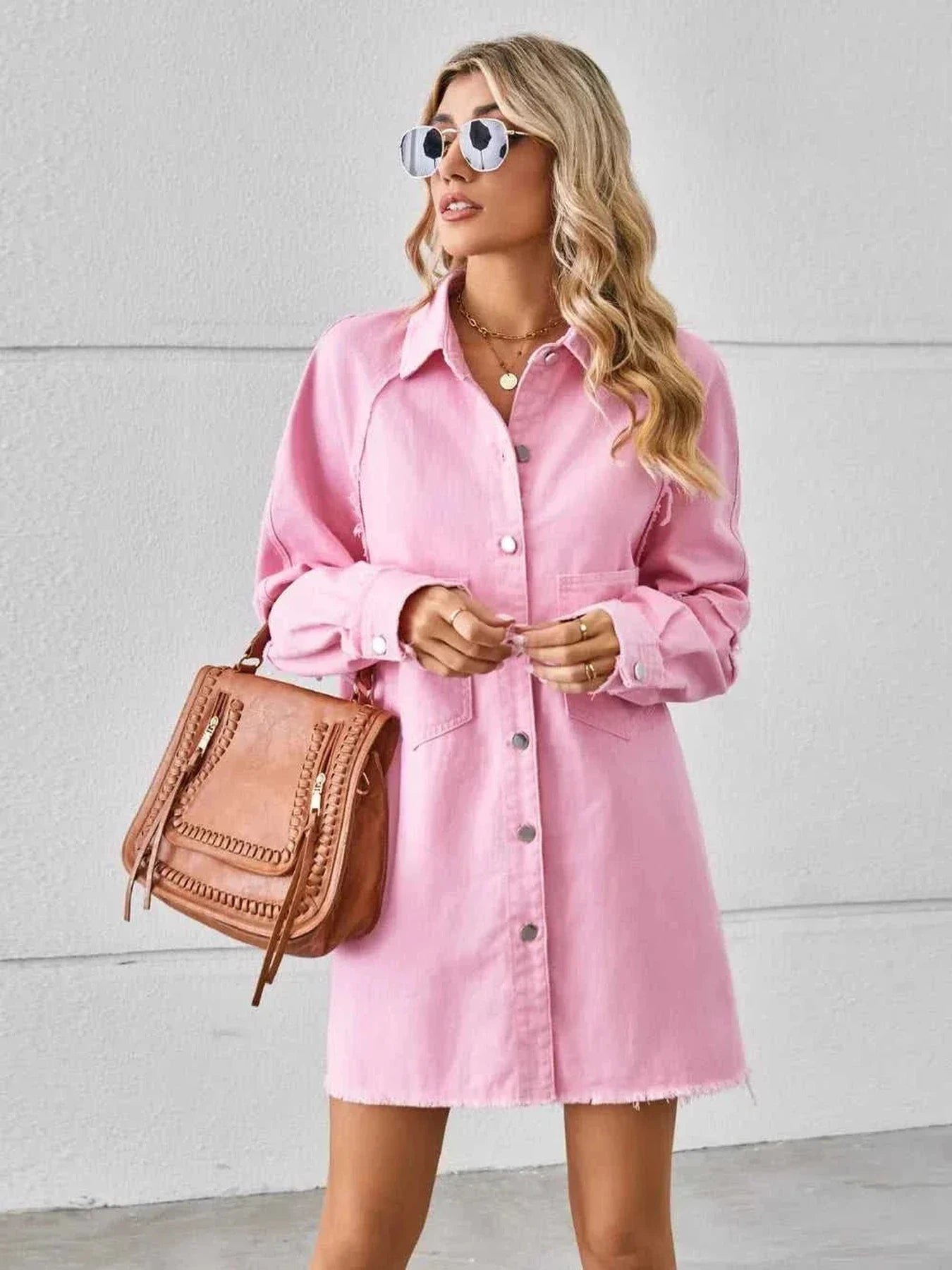 Raw Hem Button Up Denim Dress -- 