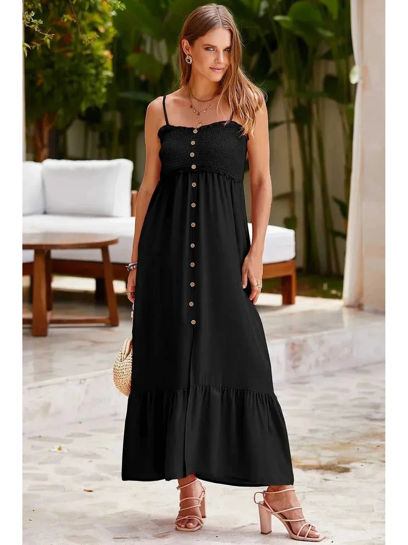 Smocked Spaghetti Strap Ruffle Hem Dress -- 