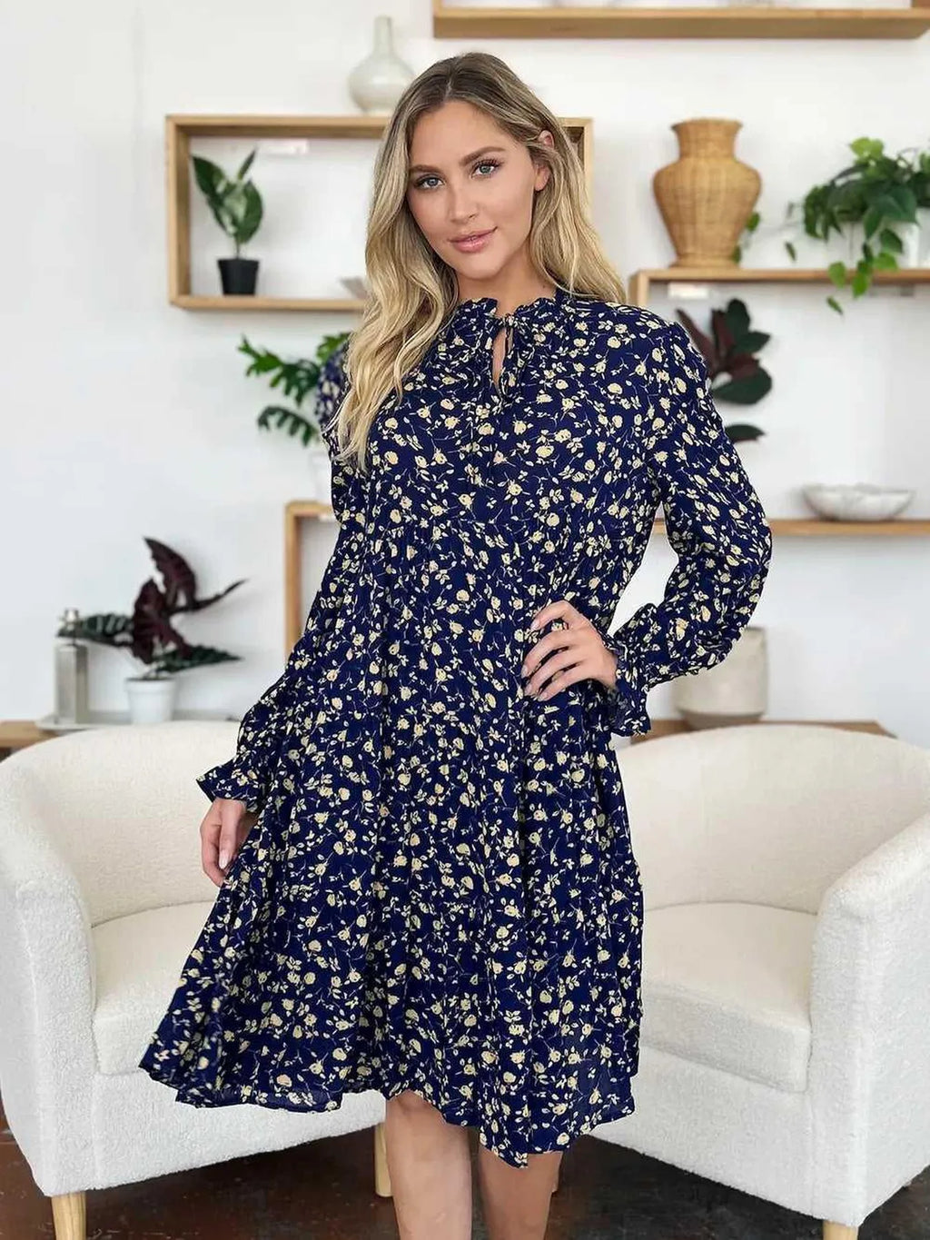 Double Take Full Size Printed Ruffle Hem Long Sleeve Tiered Dress -- 