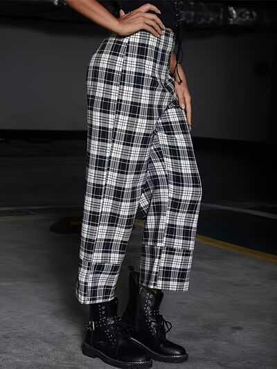 Full Size Plaid High Waist Pants -- 