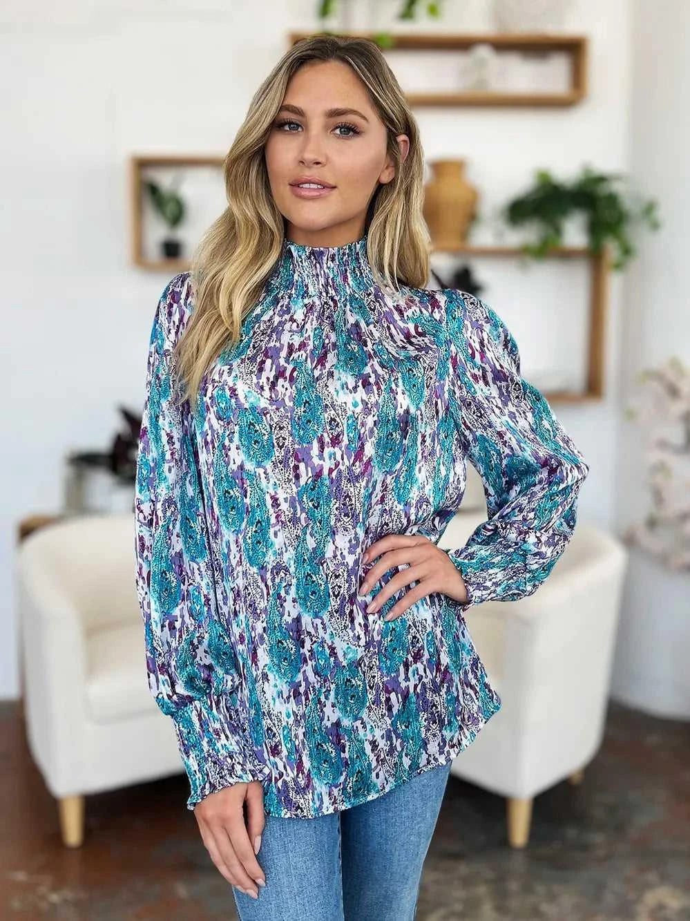 Double Take Full Size Printed Smocked Long Sleeve Blouse -- 