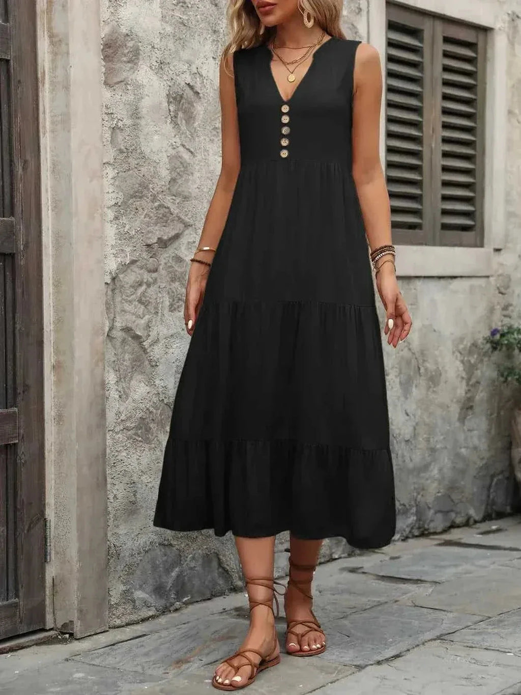 Ivy Lane Decorative Button Notched Sleeveless Dress -- 