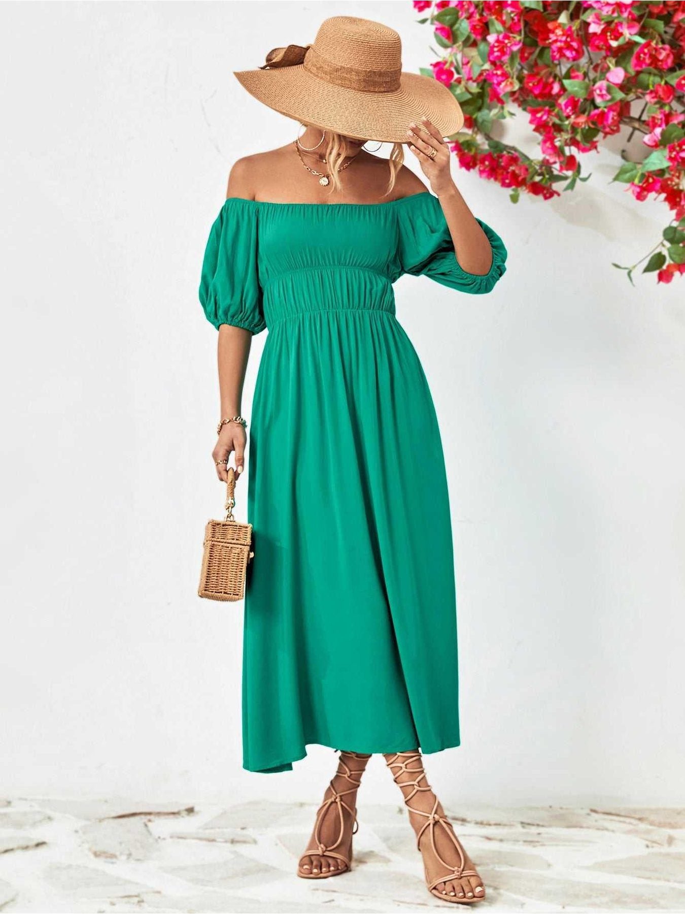 Off-Shoulder Balloon Sleeve Midi Dress -- 