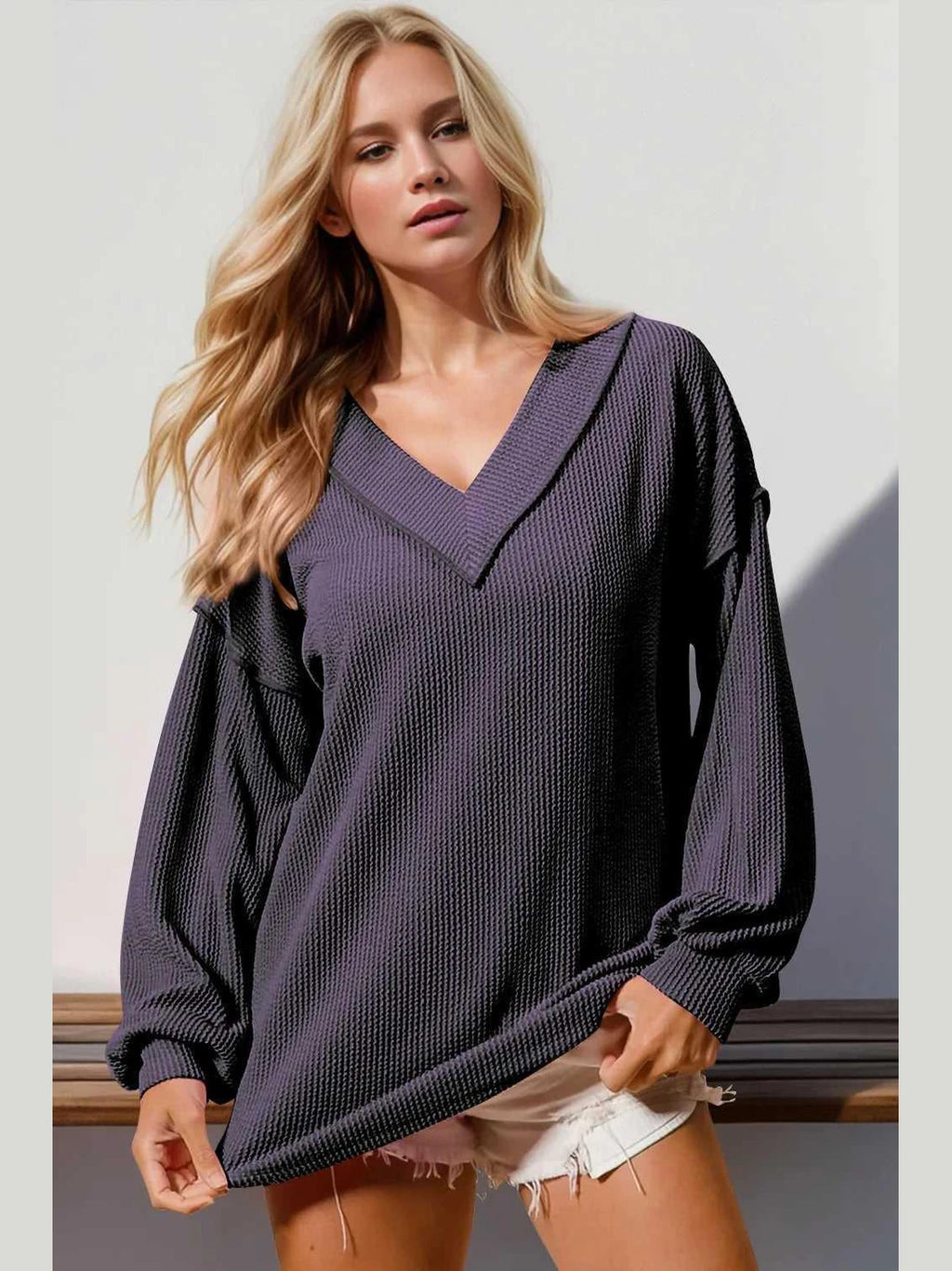 Double Take Exposed Seam Ribbed Textured V-Neck Long Sleeve T-Shirt -- 
