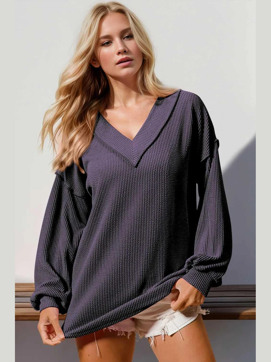 Double Take Exposed Seam Ribbed Textured V-Neck Long Sleeve T-Shirt -- 