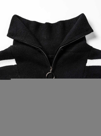 Striped O-ring Zip Collared Loose Sweater Mini Dress