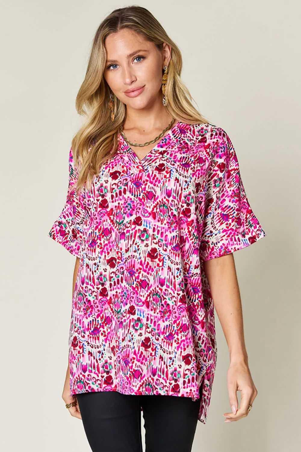 Double Take Full Size Printed V-Neck Short Sleeve Blouse -- 
