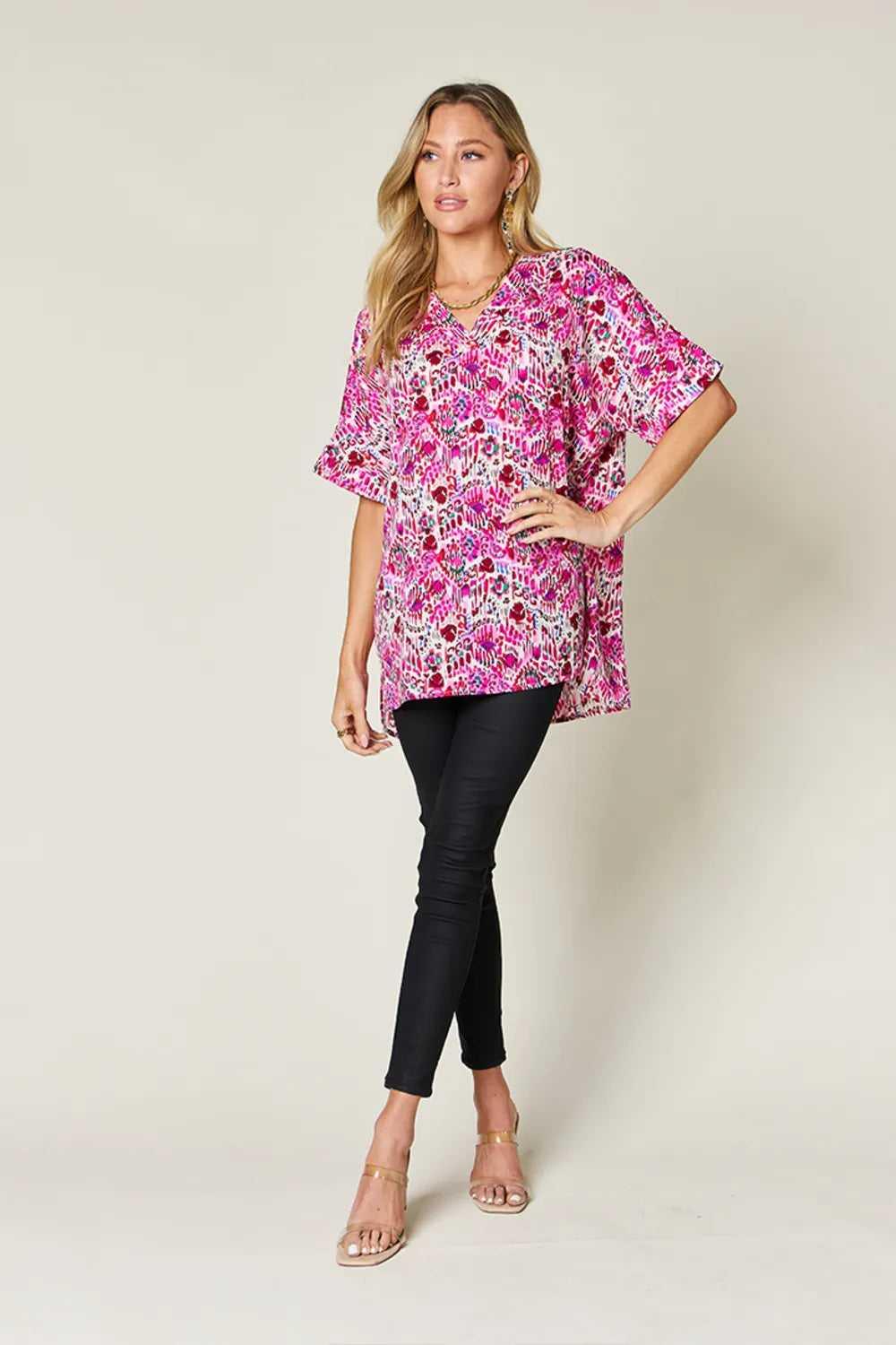 Double Take Full Size Printed V-Neck Short Sleeve Blouse -- 