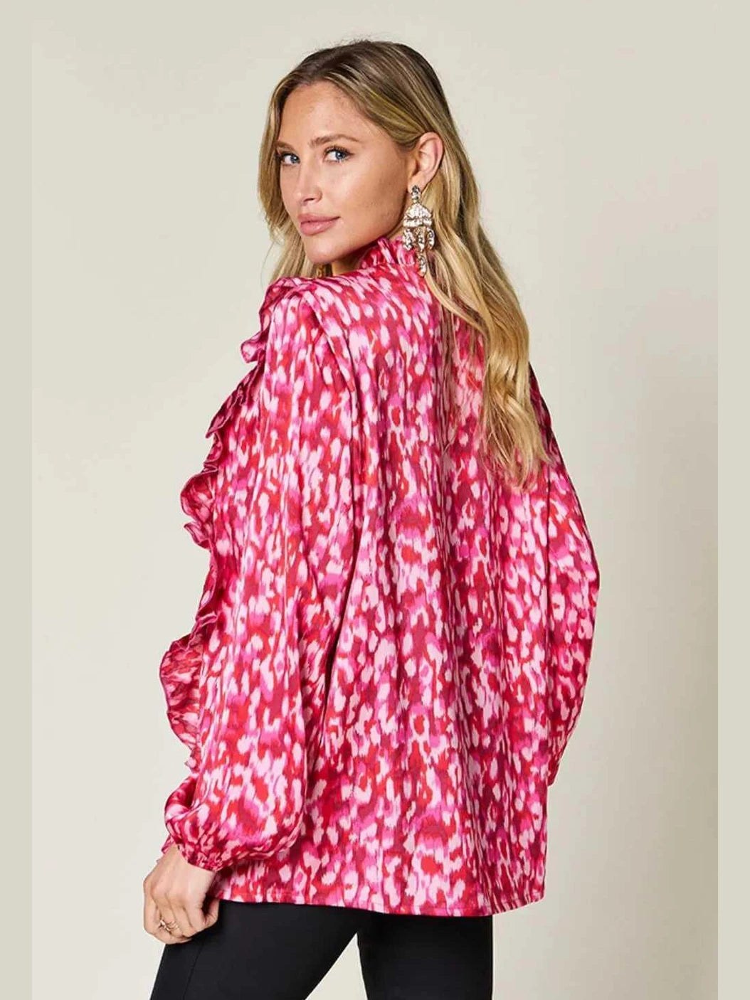 Double Take Full Size Printed Ruffle Trim Balloon Sleeve Shirt -- 