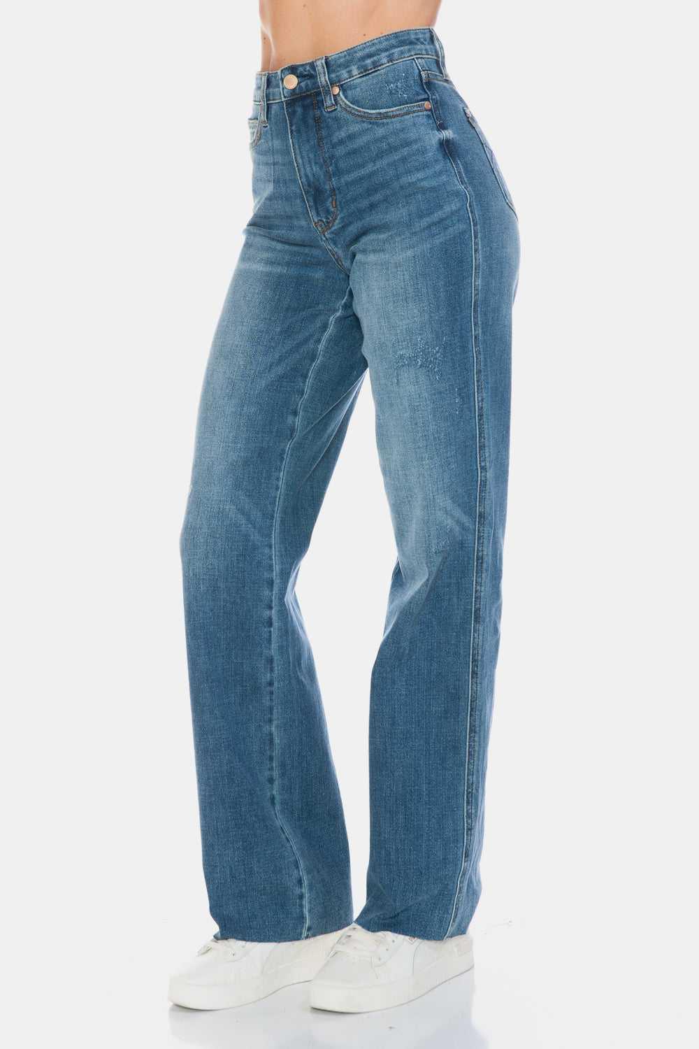 Judy Blue Full Size Tummy Control Cut Raw Hem Straight Jeans -- 
