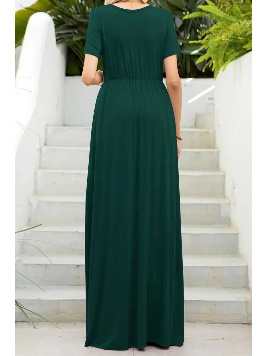 Round Neck Maxi Tee Dress with Pockets -- 