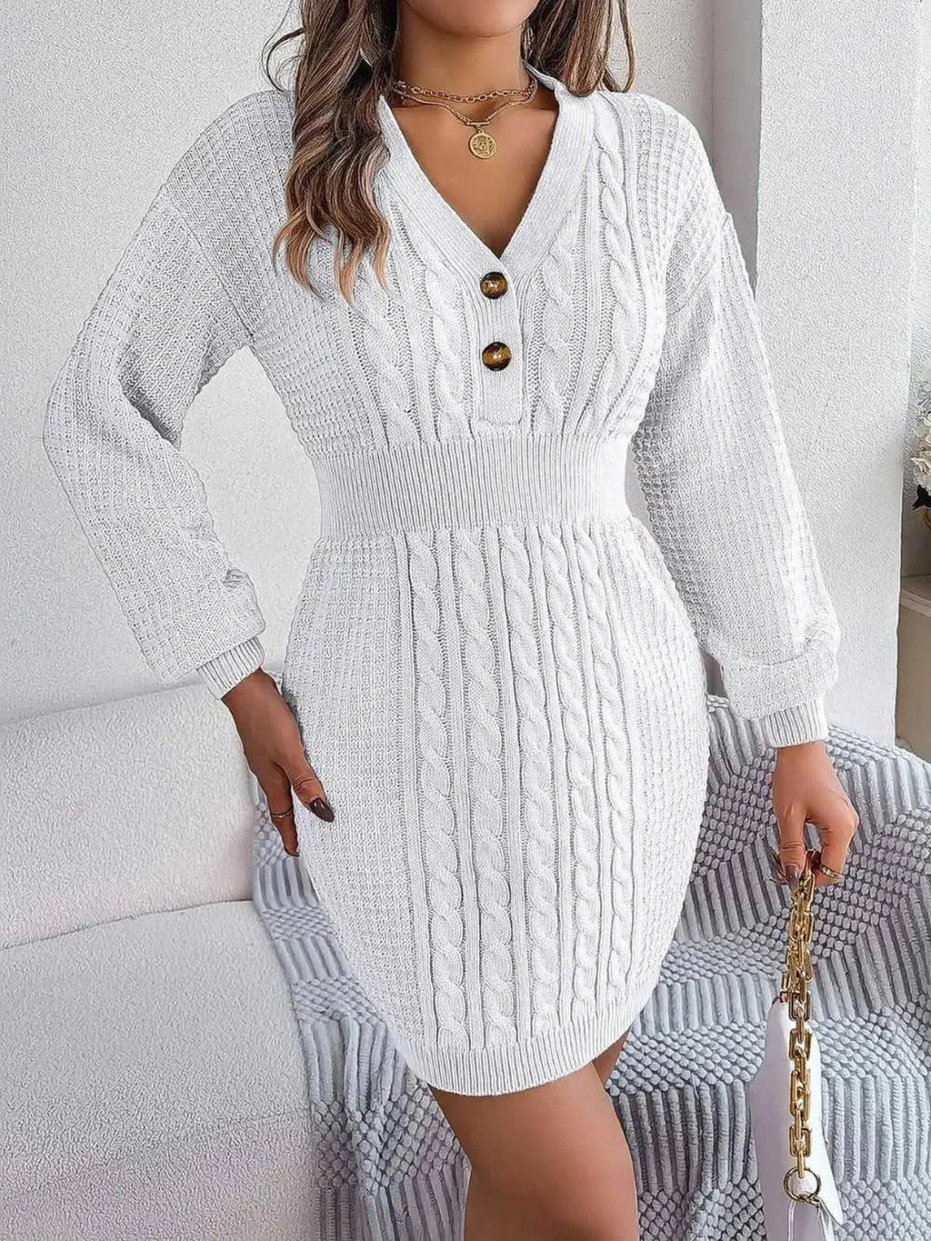 Buttoned Cable-Knit V-Neck Sweater Dress -- 