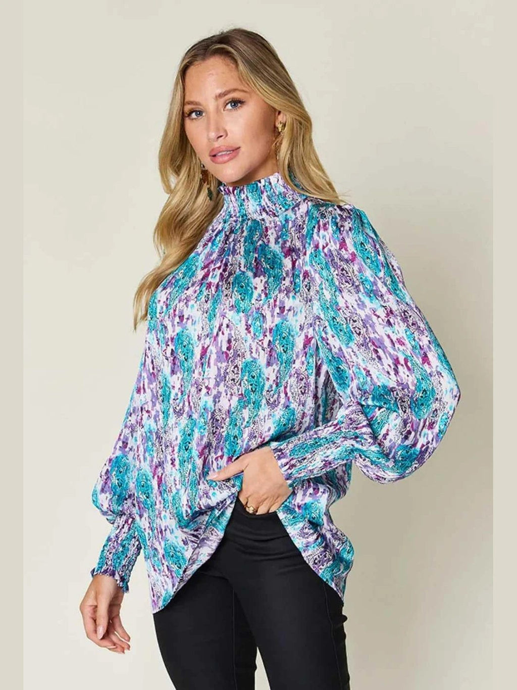 Double Take Full Size Printed Smocked Long Sleeve Blouse -- 