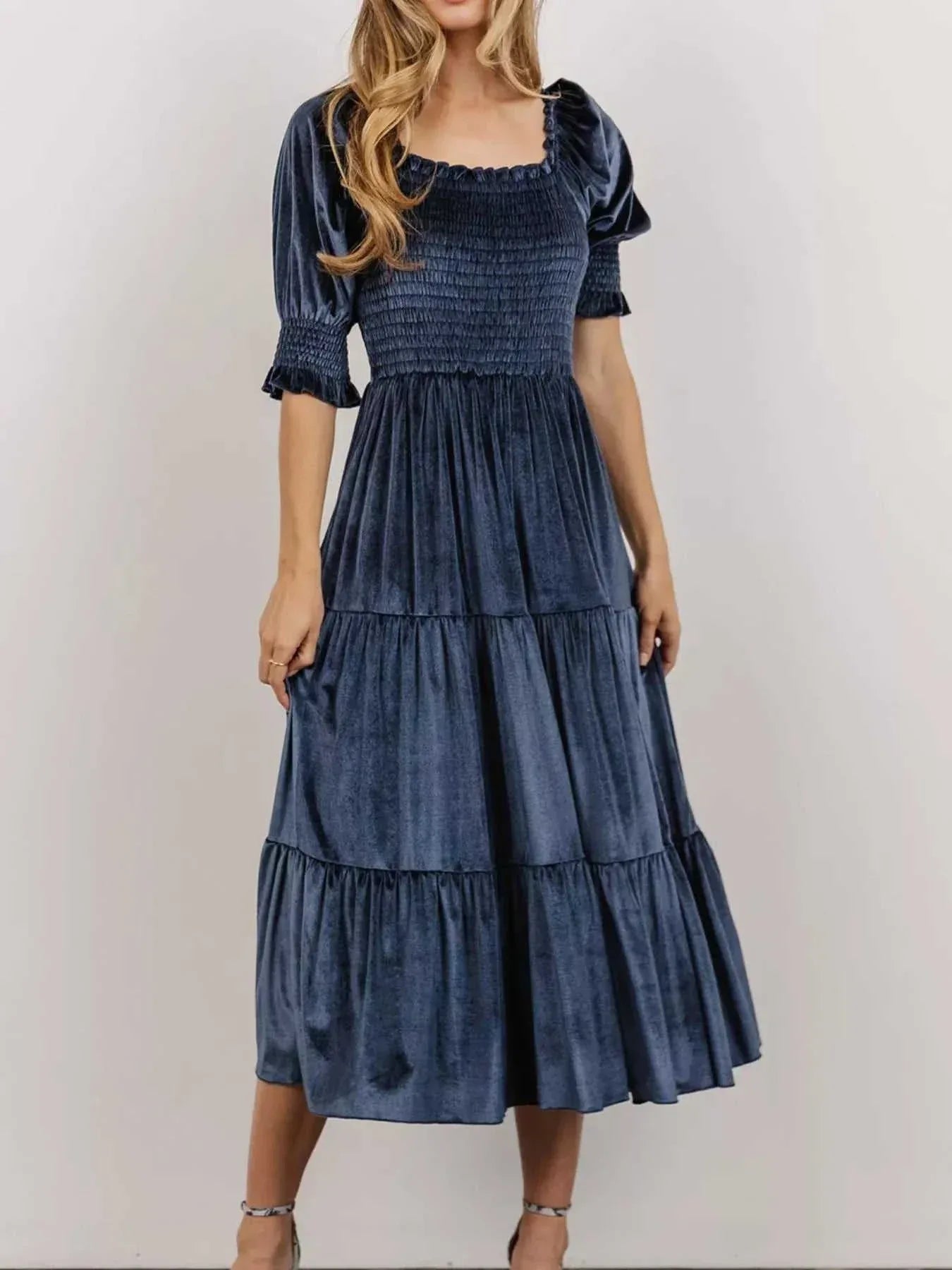 Velvet Smocked Tiered Midi Dress -- 