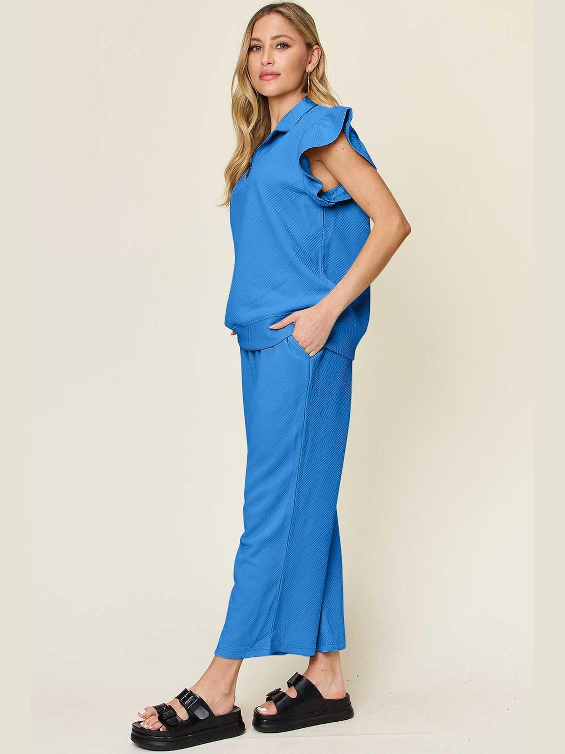 Ruffle Short Sleeve Top and Drawstring Wide Leg Pants Set -- 