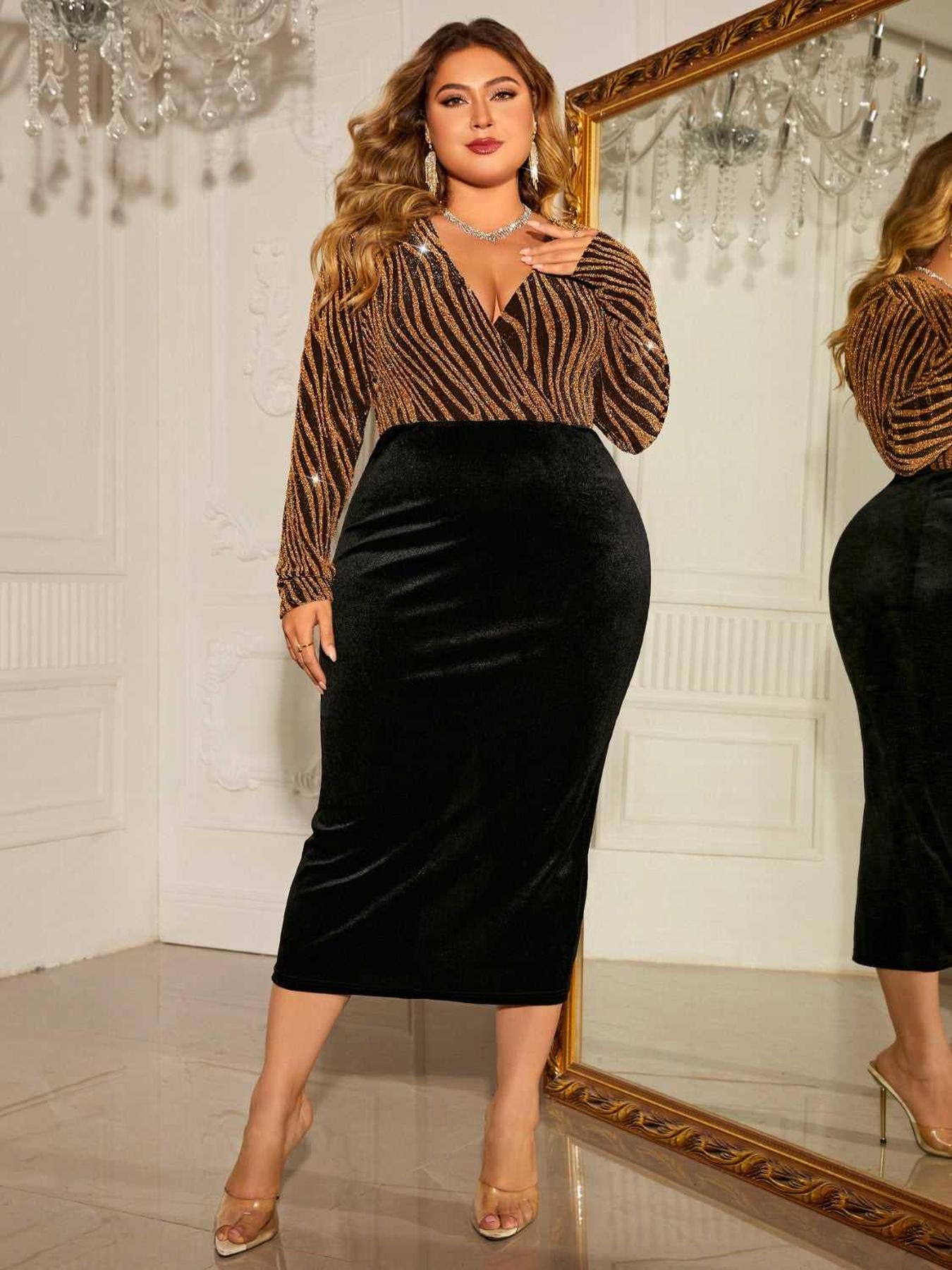 Honey Plus Size Surplice Neck Long Sleeve Slit Dress -- 