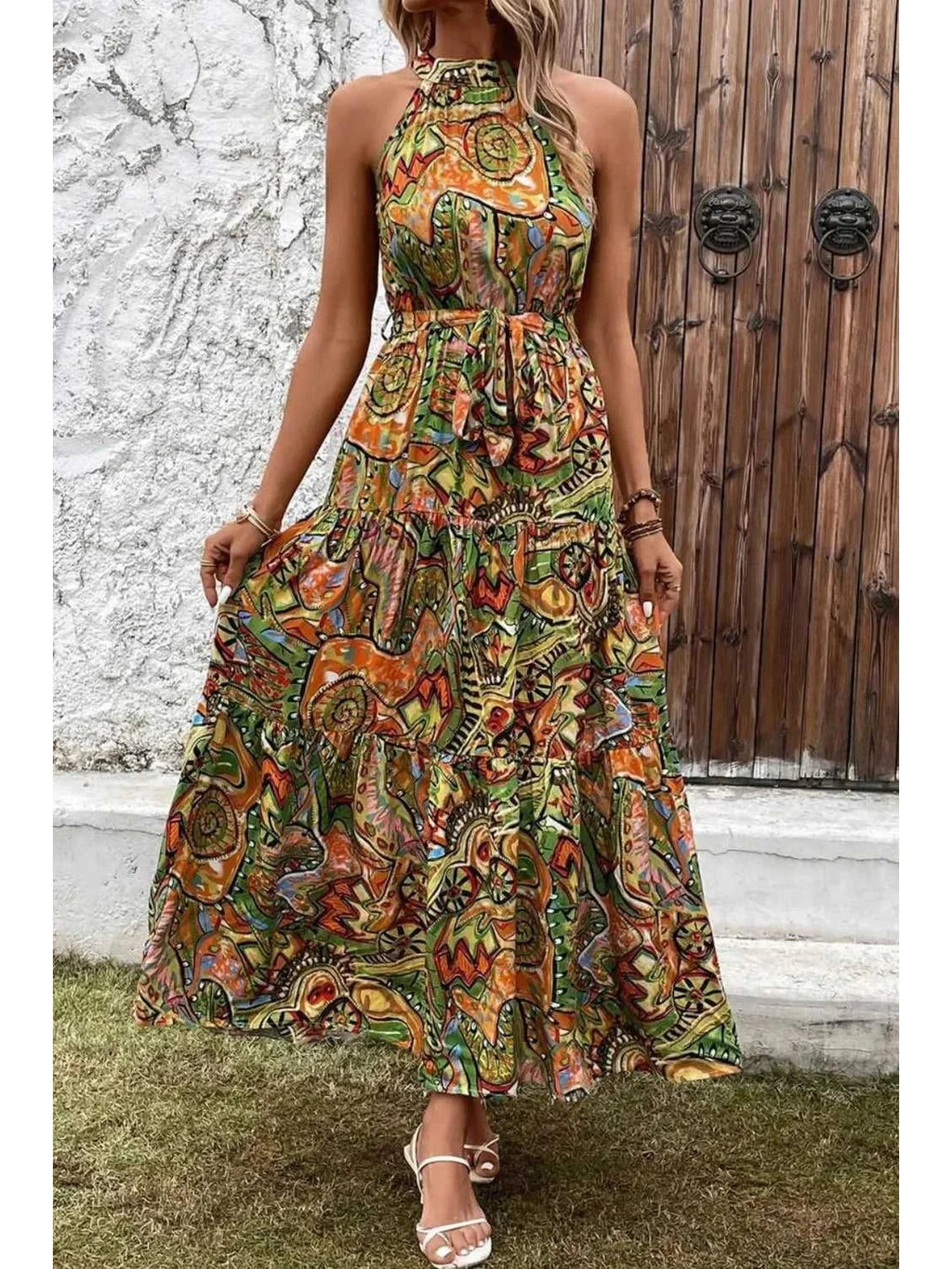 Tied Floral Sleeveless Dress -- 