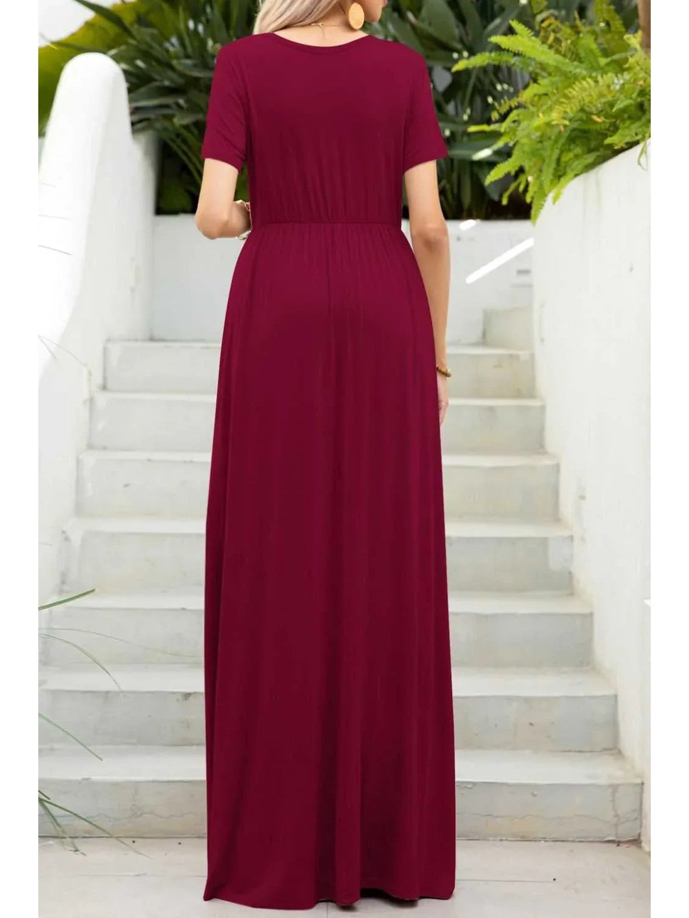 Round Neck Maxi Tee Dress with Pockets -- 