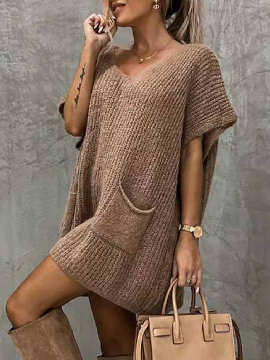 Short Sleeve Sweater Dress with Pockets -- 