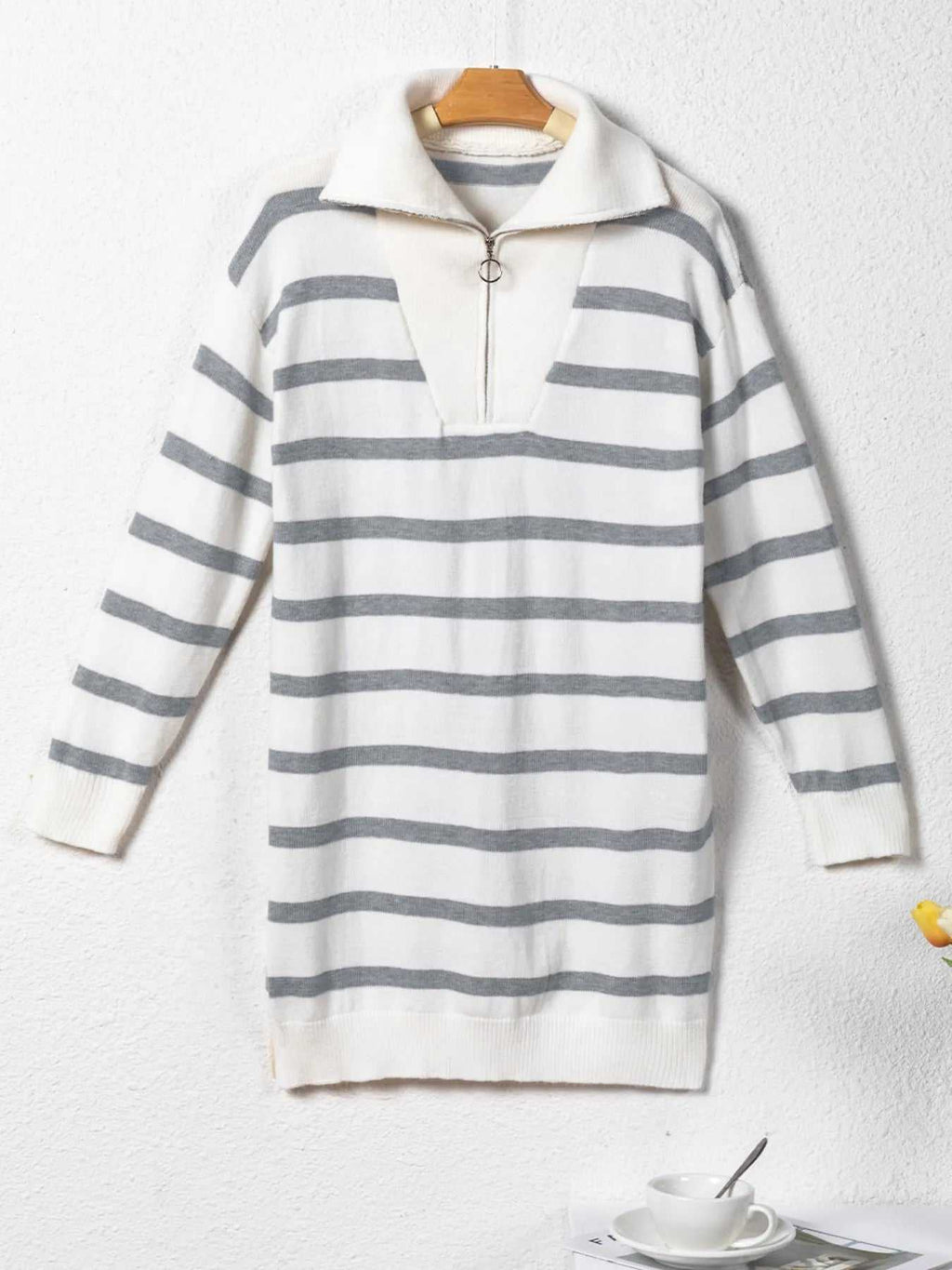 Striped O-ring Zip Collared Loose Sweater Mini Dress