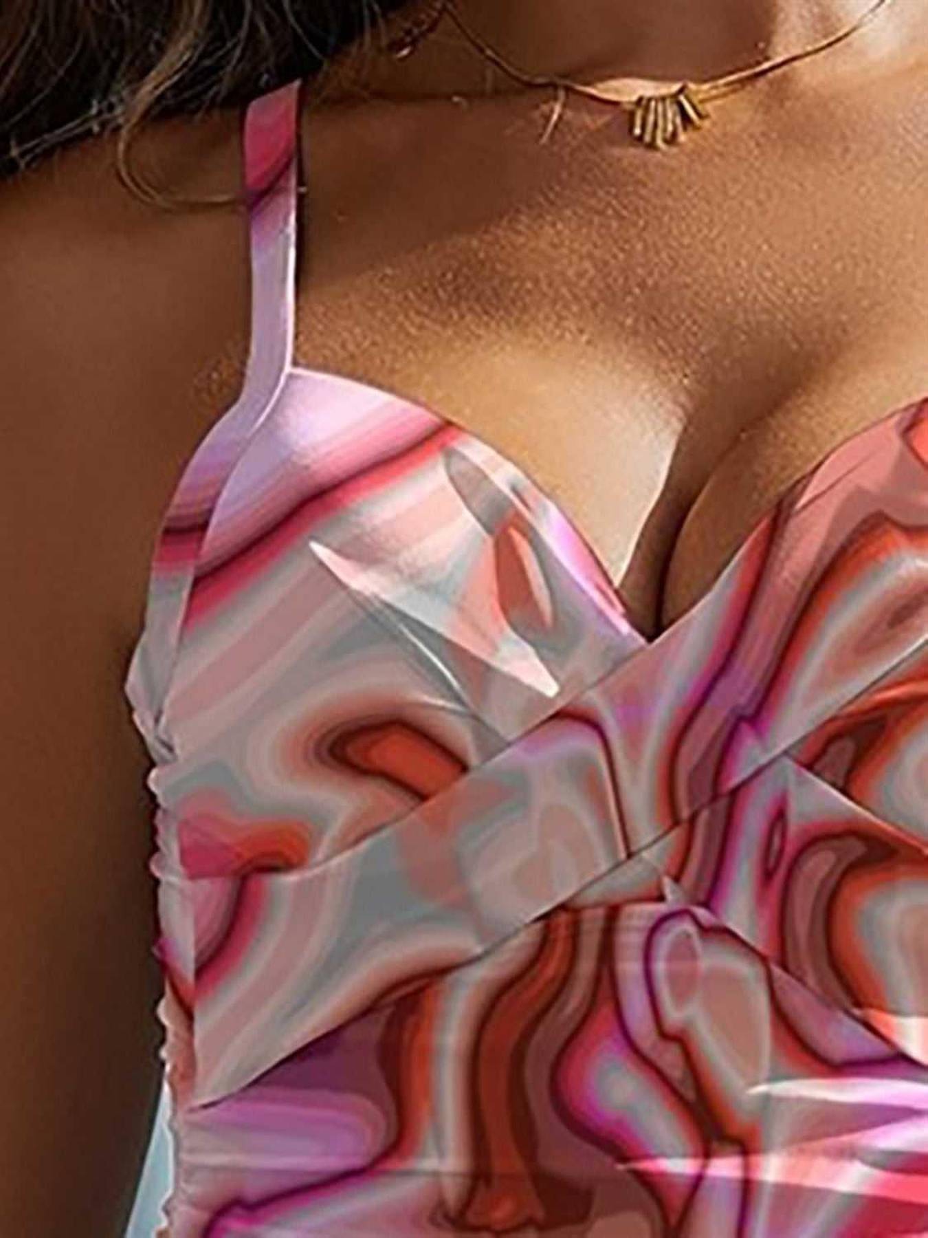FAM-FAM Printed Sweetheart Neck Spaghetti Strap One-Piece Swimwear -- 