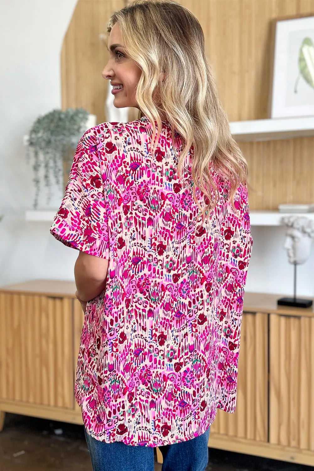 Double Take Full Size Printed V-Neck Short Sleeve Blouse -- 