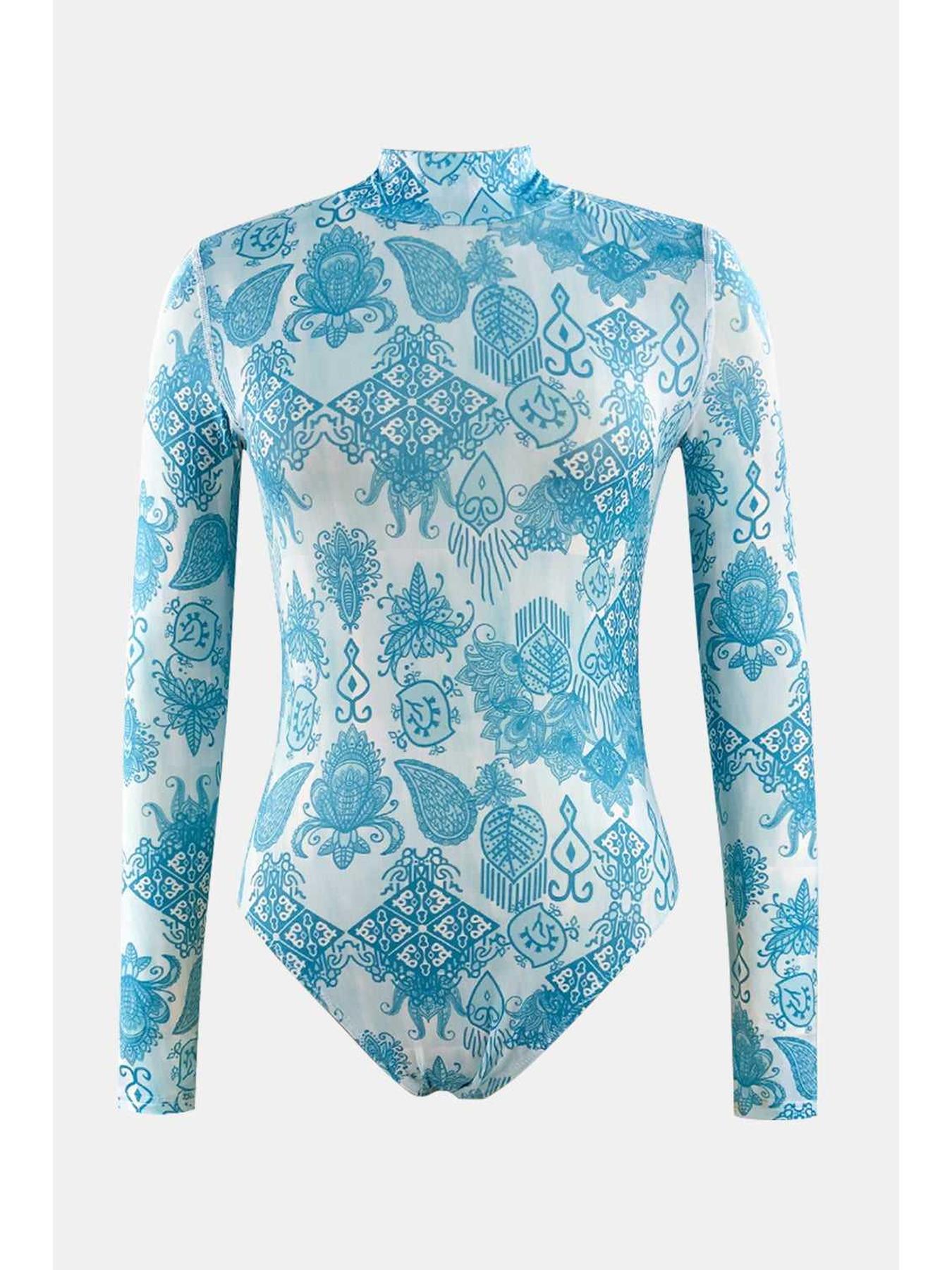 Printed Mock Neck Long Sleeve One-Piece Swimwear -- 
