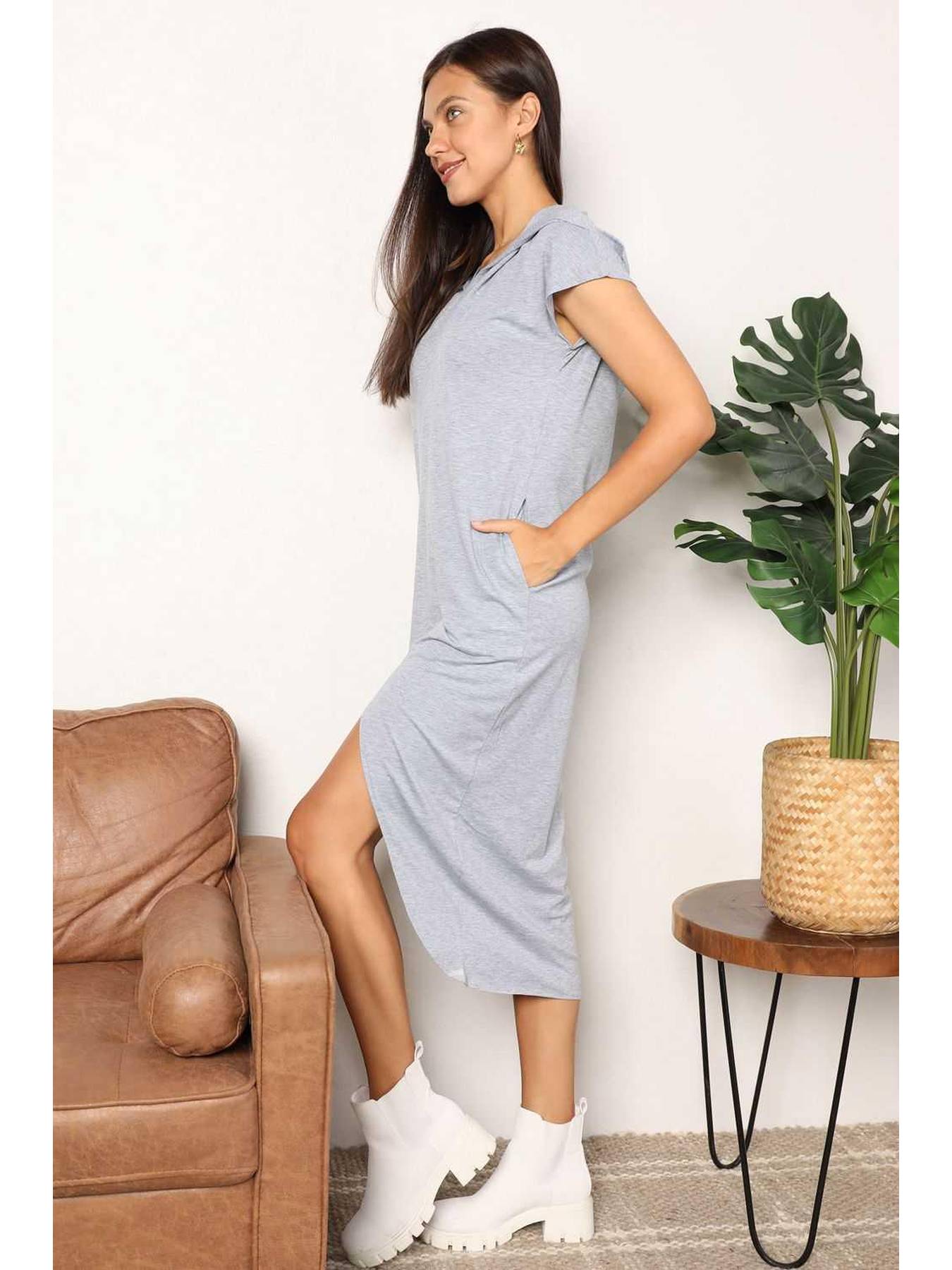Perfee Short Sleeve Front Slit Hooded Dress -- 