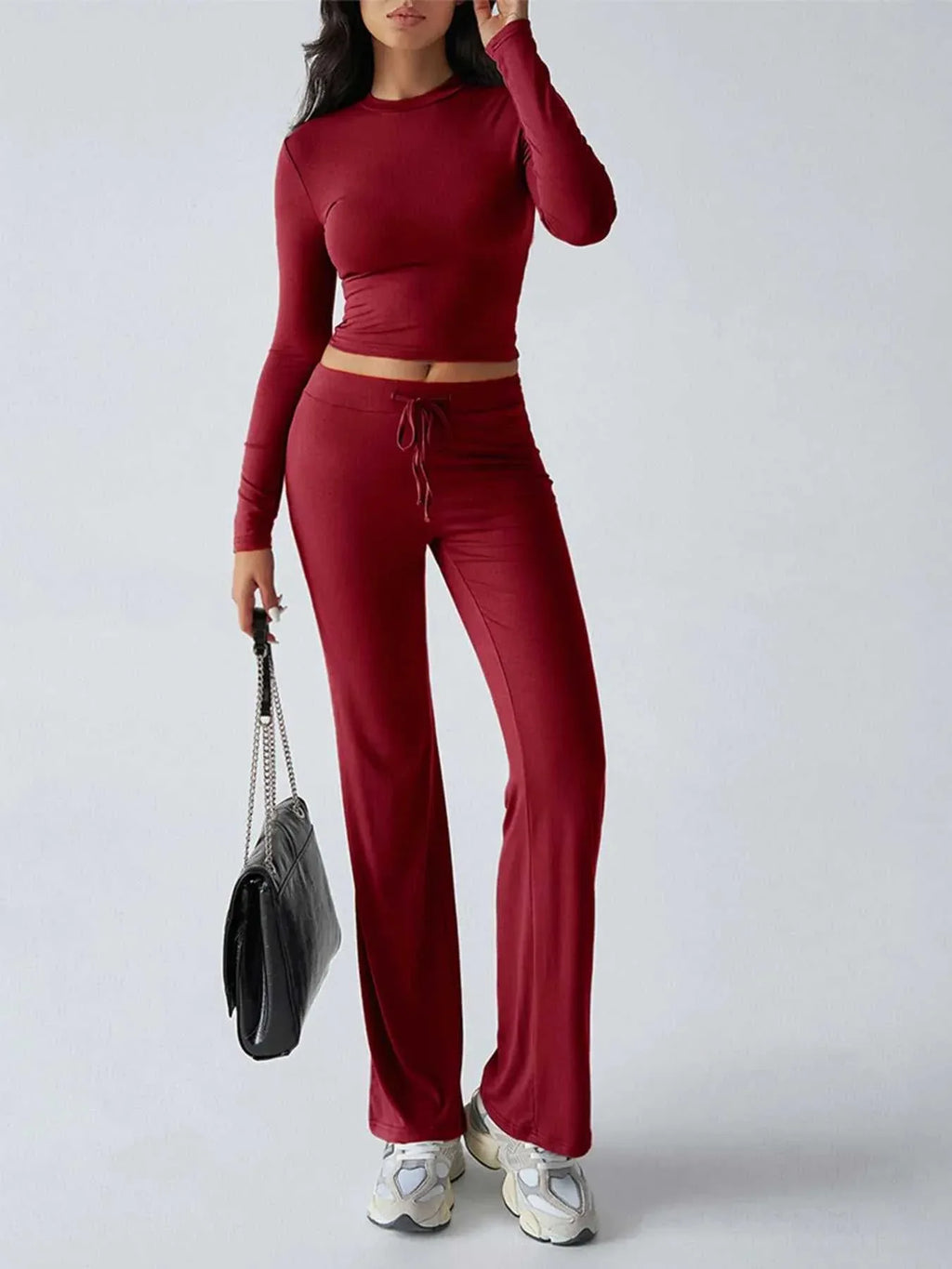 Round Neck Long Sleeve Top and Pants Set -- 
