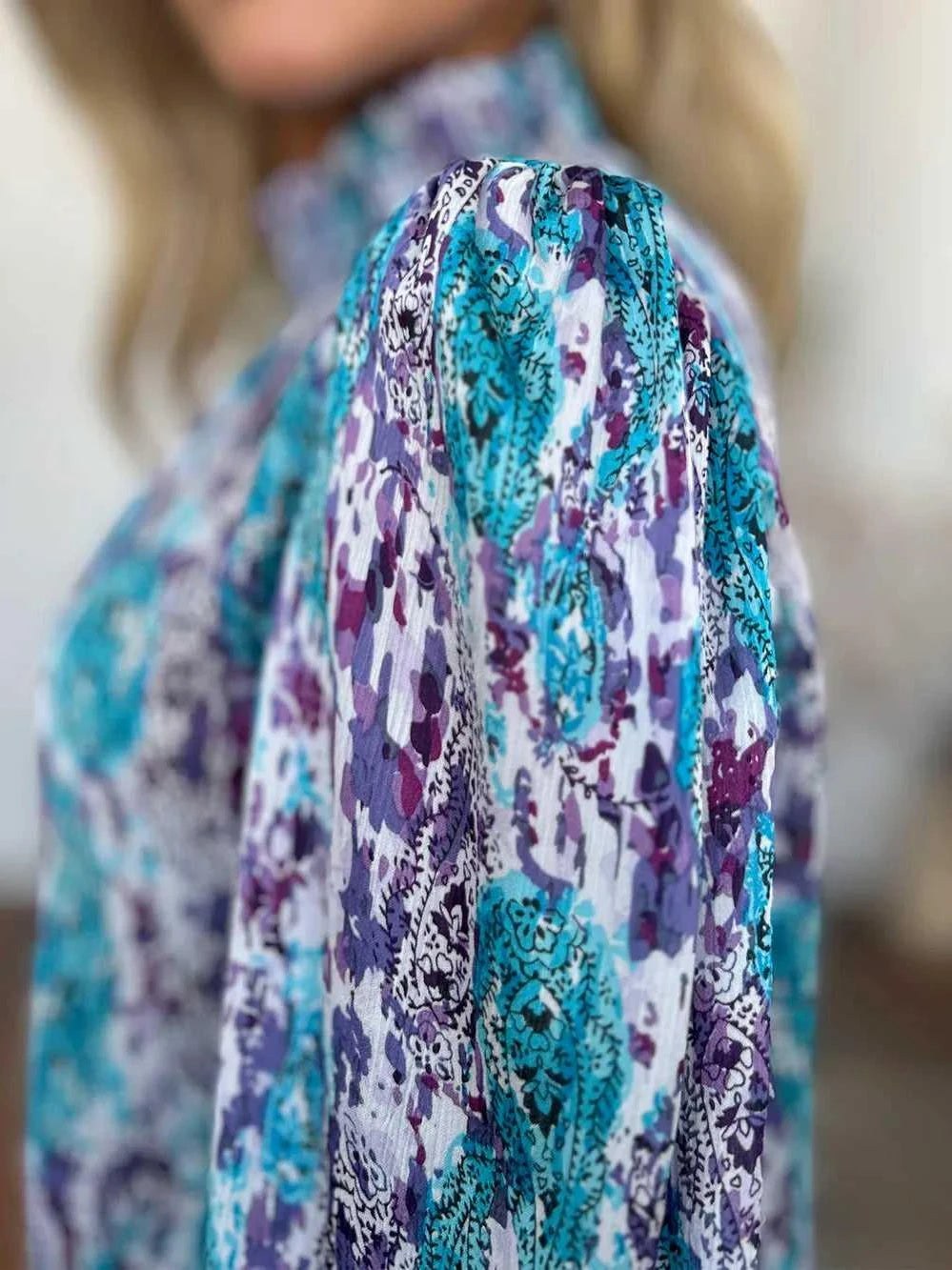Double Take Full Size Printed Smocked Long Sleeve Blouse -- 