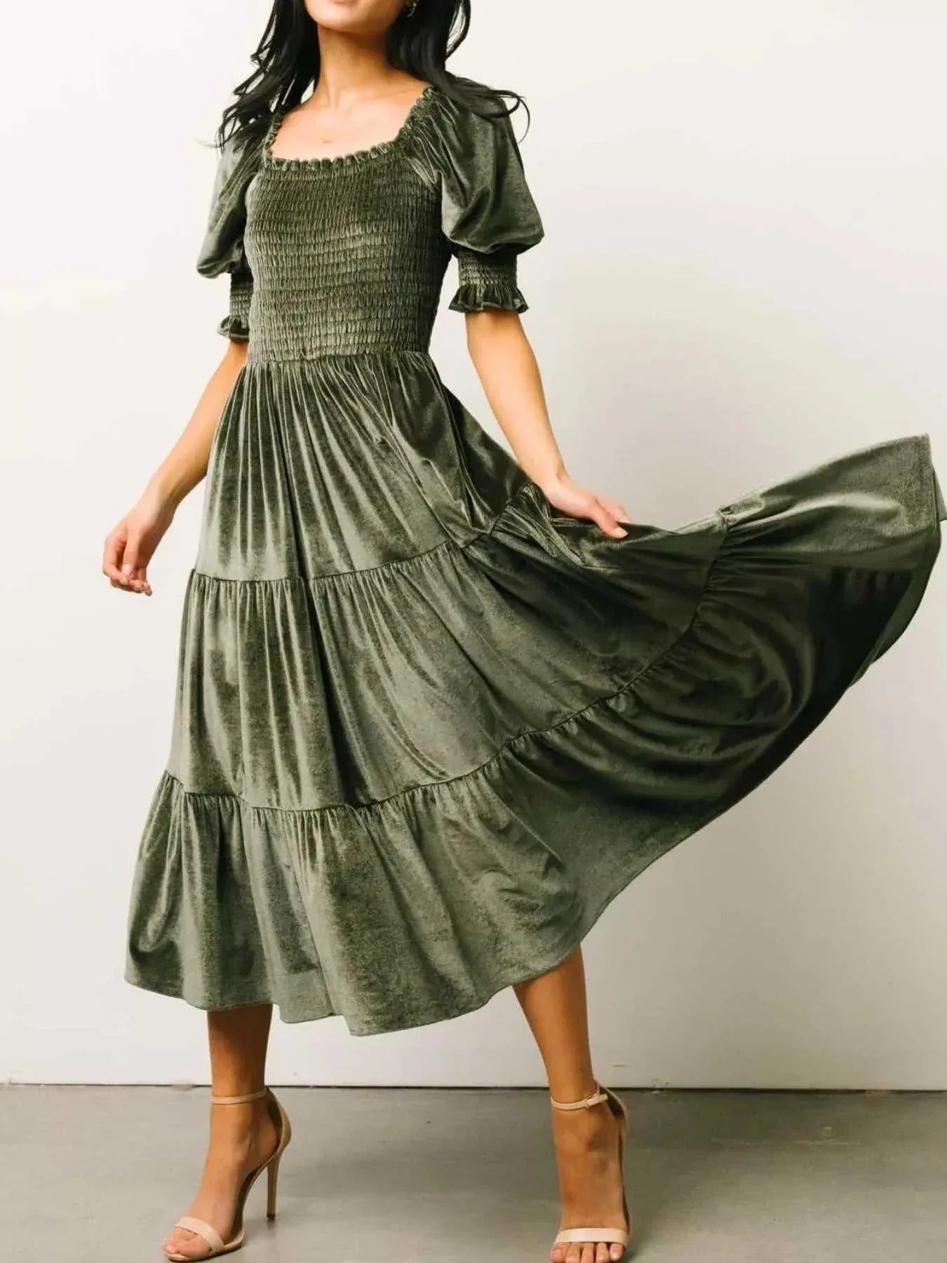 Velvet Smocked Tiered Midi Dress -- 